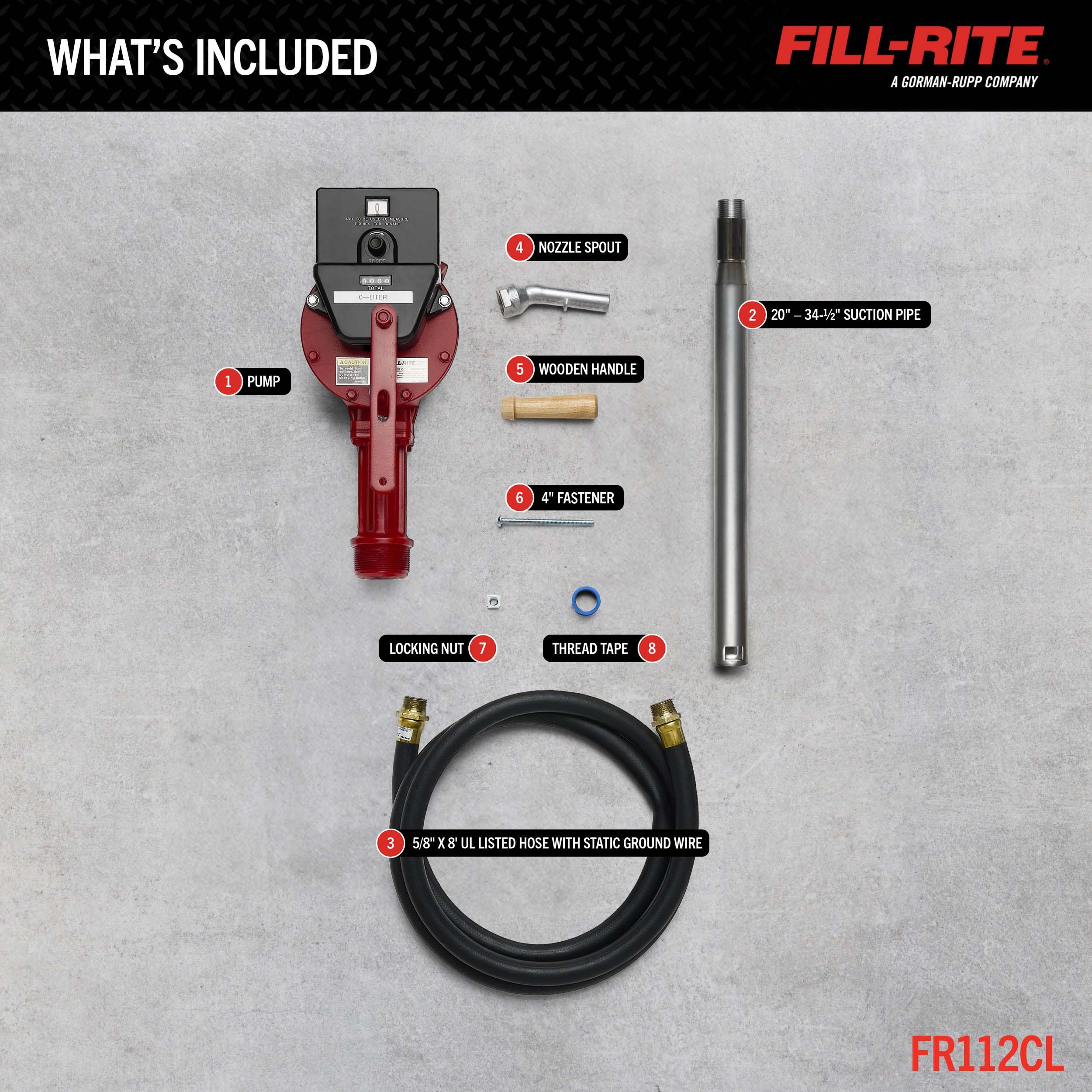 Fill-Rite Fuel Transfer Rotary Hand Pump FR112CL w/Liter Counter, Discharge Hose, Nozzle Spout, & Suction Pipe