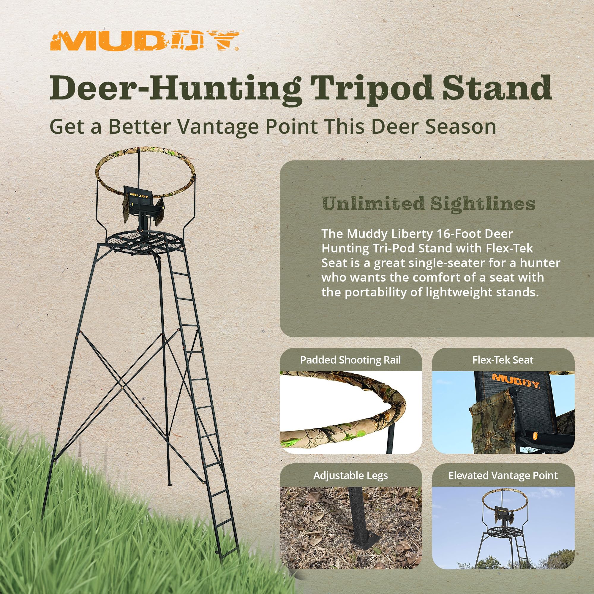 1-Person Muddy Liberty Steel Tripod Hunting Stand, 16 ft Tall, 300 lb Capacity - Heavy-Duty with Flex-Tex 360 Swivel Seat, Extra-Wide Shooting Rail, Adjustable Legs and Detachable Gear Bags