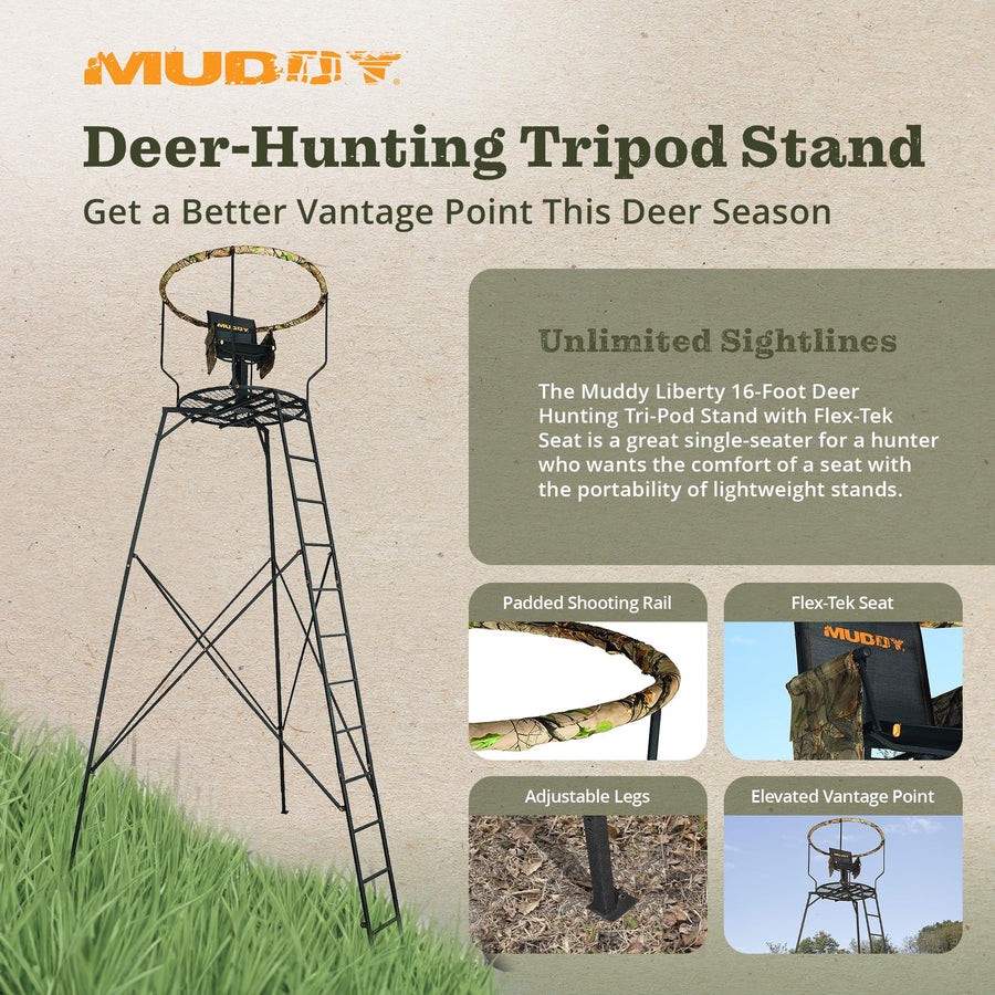 1-Person Muddy Liberty Steel Tripod Hunting Stand, 16 ft Tall, 300 lb Capacity - Heavy-Duty with Flex-Tex 360 Swivel Seat, Extra-Wide Shooting Rail, Adjustable Legs and Detachable Gear Bags