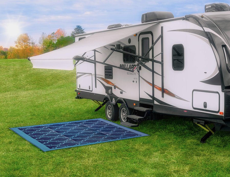Camco Outdoor Large Reversible Patio Mat - Easy to Clean, Perfect for Picnics, Cookouts, Camping, and The Beach (9' x 12', Lattice Blue Design) (42856)