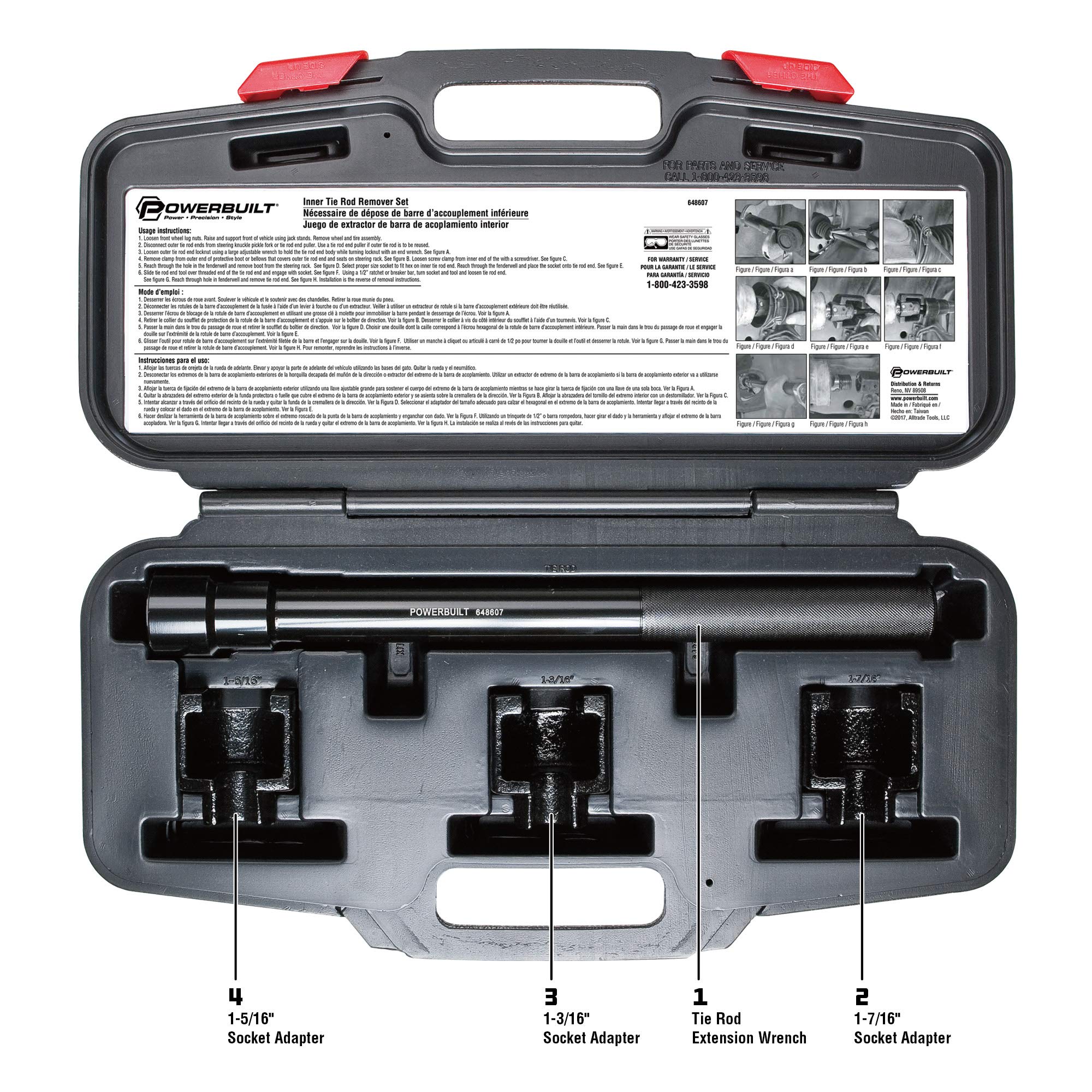 Powerbuilt Tie Rod Inner Remover Tool Kit – Fits Ford, GM, Chrysler Rack, and Pinion – Includes 1-5/16", 1-3/16", 1-7/16" Socket Adapters, Extension Bar, and Case – 648607