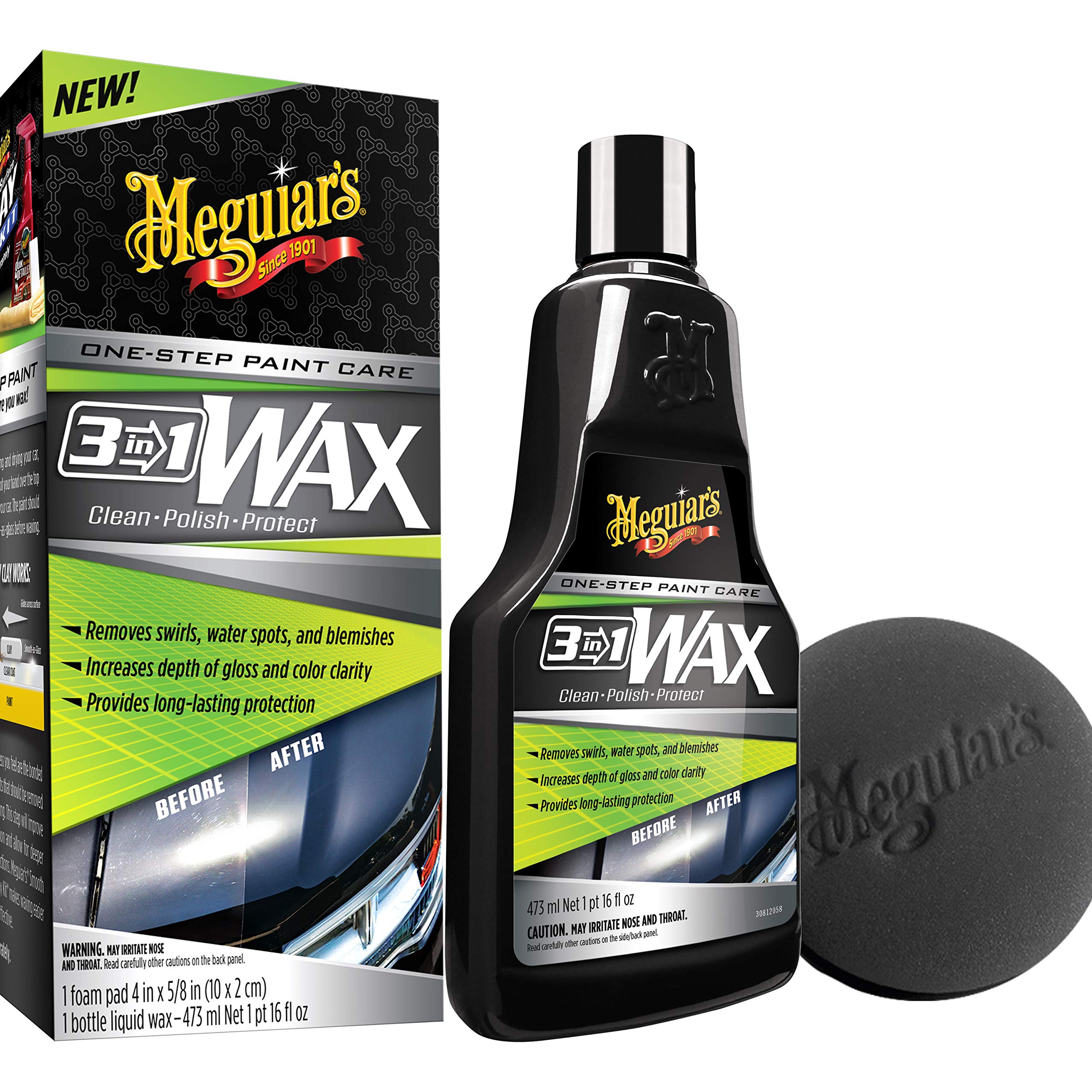 Meguiar's 3 In 1 Wax - Advanced Wax Cleaner that Blends Defect and Scratch Removal, Car Polishing for a High Gloss, and Long-Lasting Paint Protection All in One Step, 16 Oz