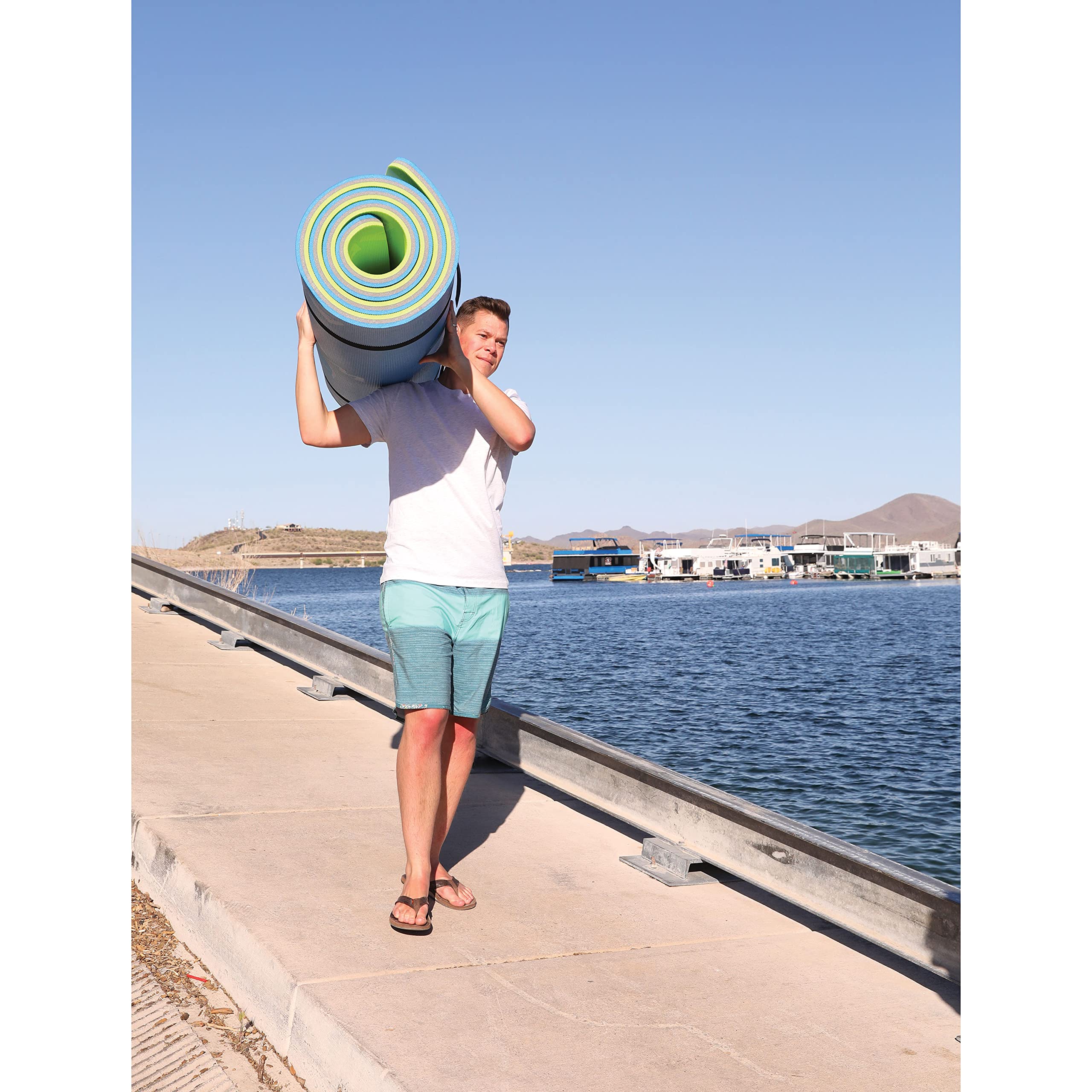 WATERMAT ROLL 'N GO Airhead 1 – Floating Water Mat – Ultimate Portable Oasis – Diamond Finish for Comfort and Durability, Green / Blue