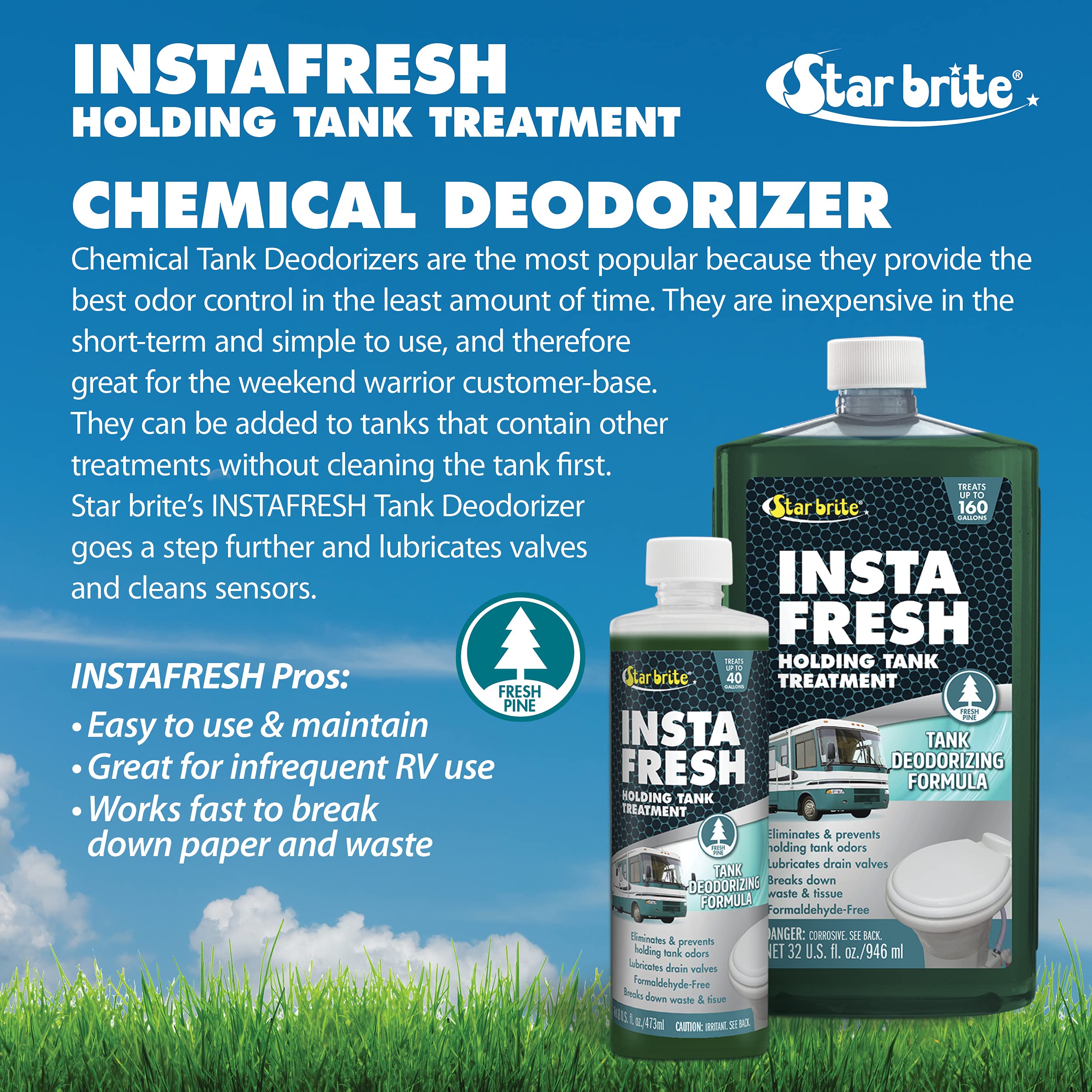 Instafresh STAR BRITE Holding Tank Treatment - Fresh Pine Scent - 32 OZ - Odor Eliminator & Waste Breakdown - RV, Marine, Boat Use - Formaldehyde-Free (072832)