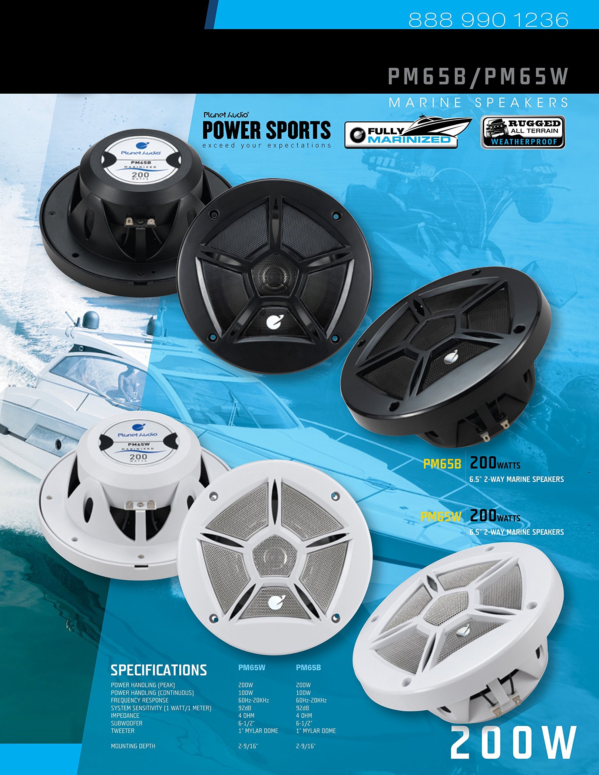 Planet Audio 6.5inch PM65B 200W, 2-Way Marine Grade Speakers