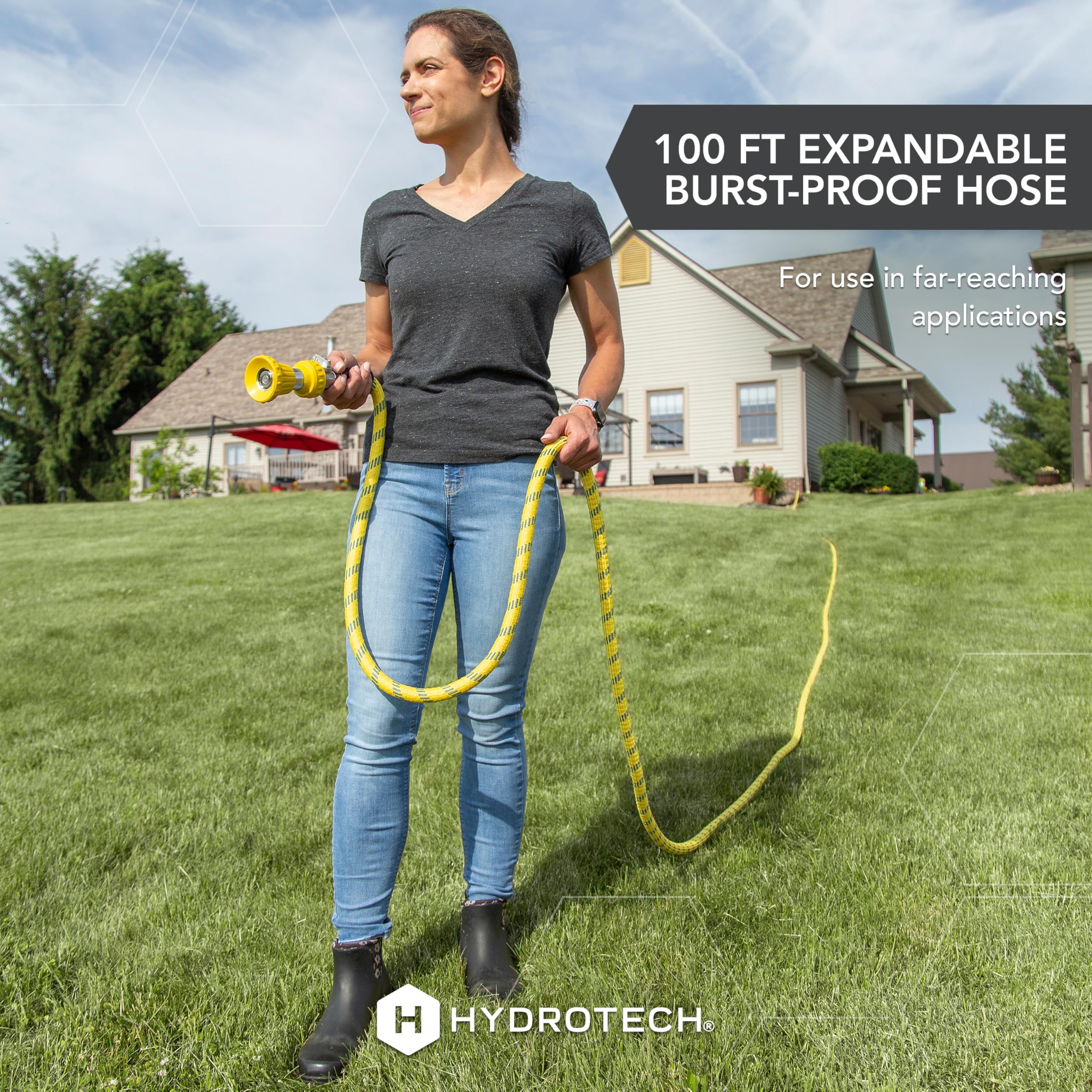 100 ft HydroTech Expandable Garden Hose - Pro Series, 2x Max Flow, 3/4" No-Kink Flexibility, Lightweight Hose for Lawn, Garden, Car Washing, Deck and Patio Cleaning