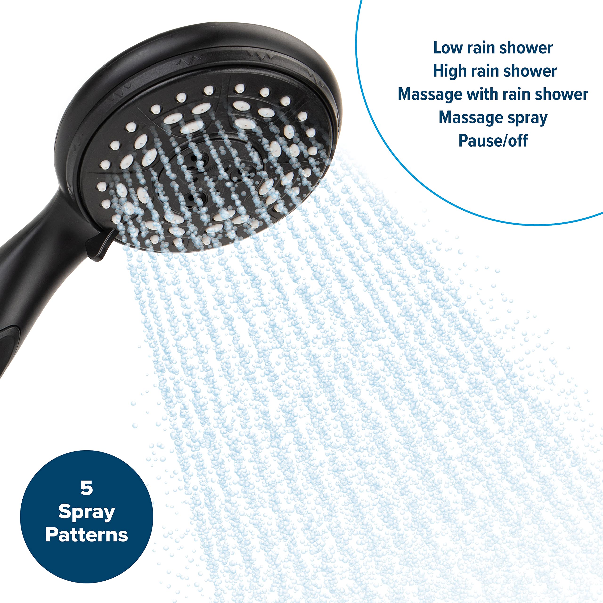 Shower Head Camco RV/Marine | Features Convenient On/Off Switch for Water Efficient Showers | 5 Spray Patterns | Black (43743)