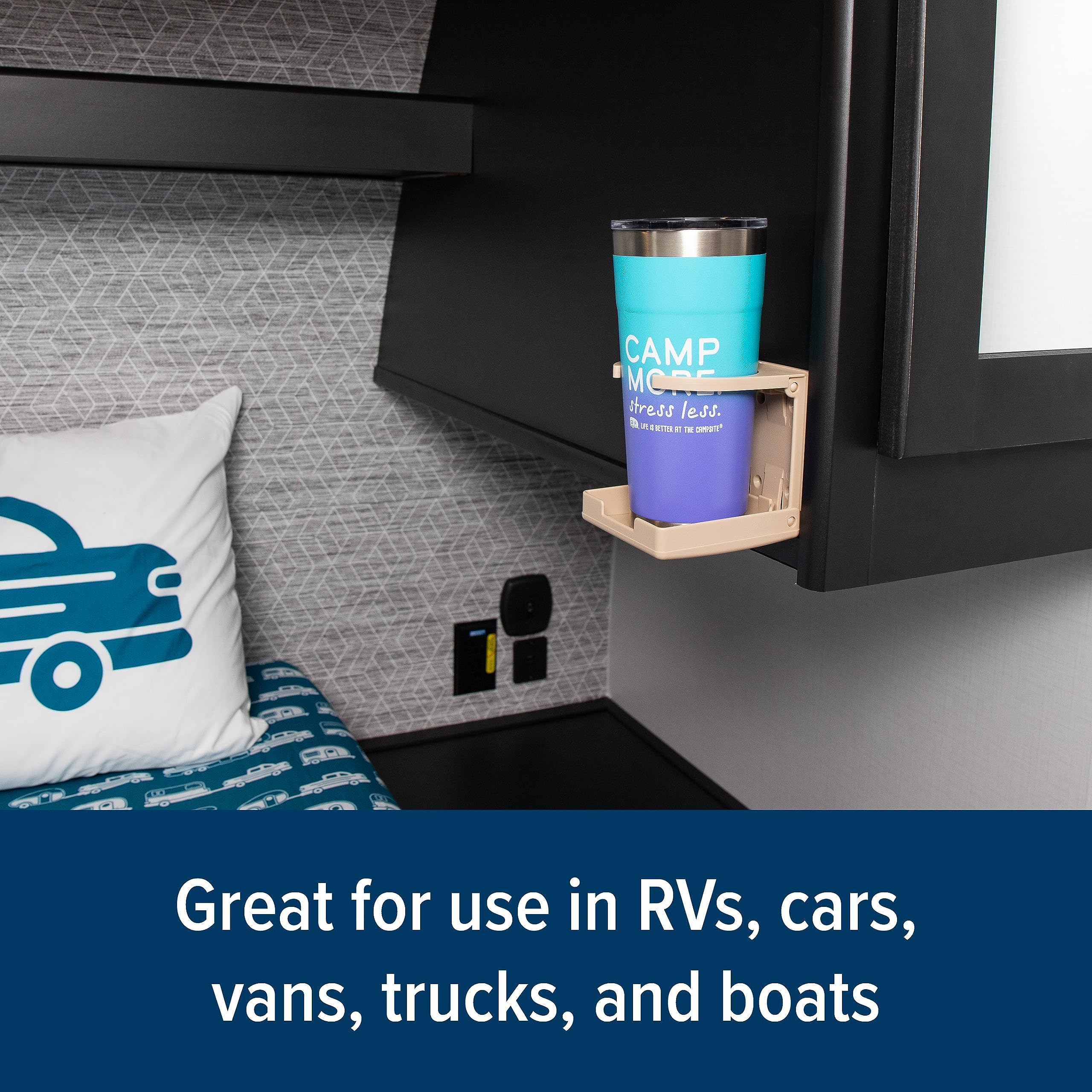 Camco Drink Holder Camper/RV - Features Adjustable Space-Saving Design & Holds Almost Any Size Mug, Cup, Bottle or Can - Extra Cup Holder for Cars, Trucks, RVs, Vans, Boats, and More - Khaki (44042)