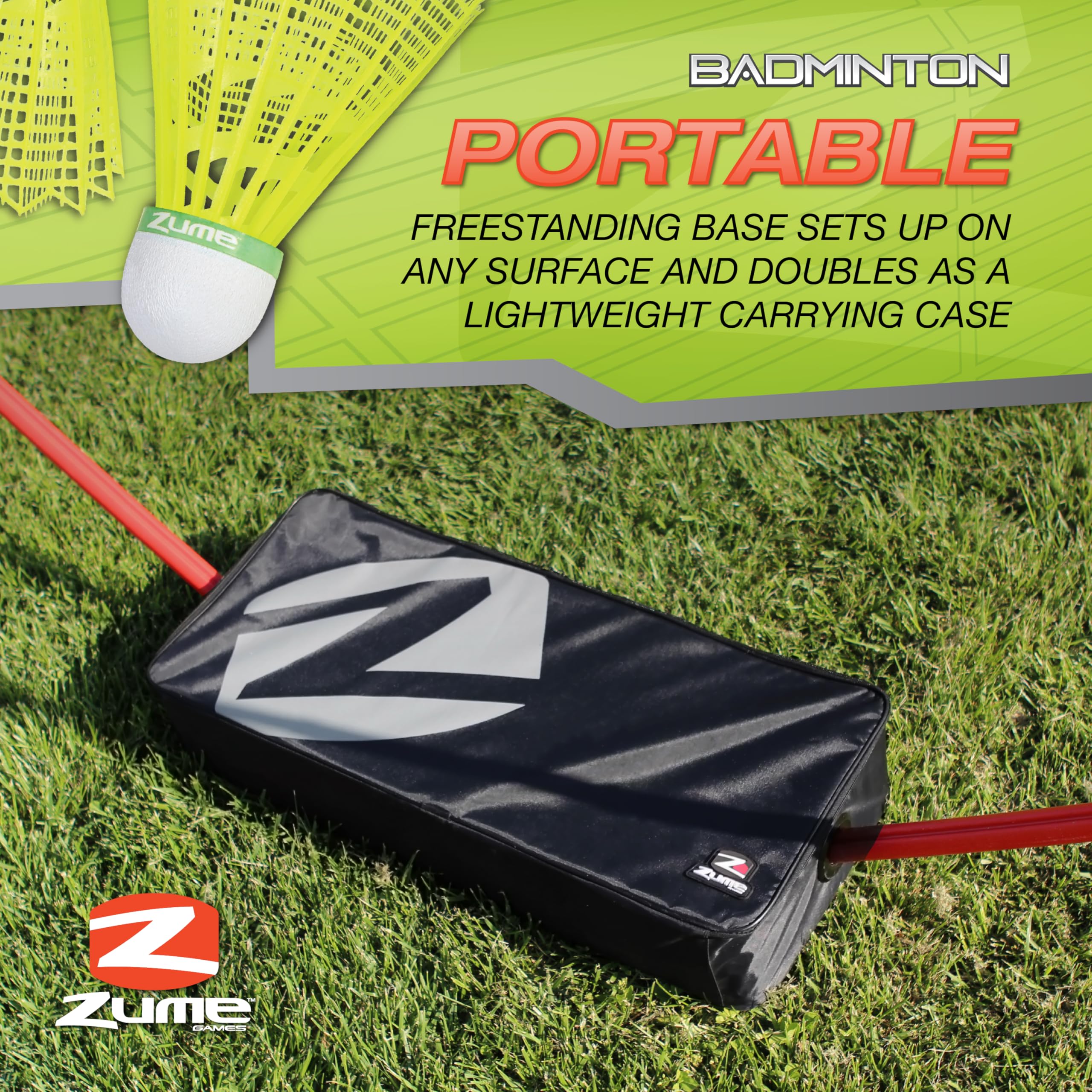 Zume Games Badminton Set Portable with Net, 4 Rackets, Shuttlecocks & Carrying Case – Outdoor Lawn Game for Backyard, Beach, or Park – Easy Setup, No Tools Required