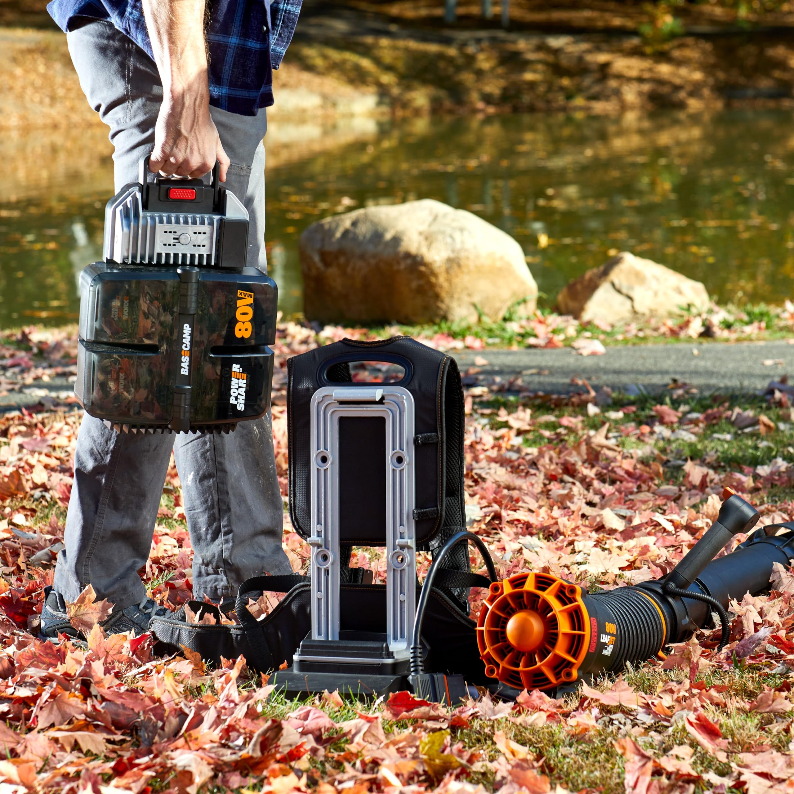 WORX Nitro 80V Cordless Leaf Blower, Backpack Blower with 150MPH & 800CFM, Electric Blower for Lawn Care with Brushless Motor & Variable Air Control, 4 Batteries & Basecamp Charger Included