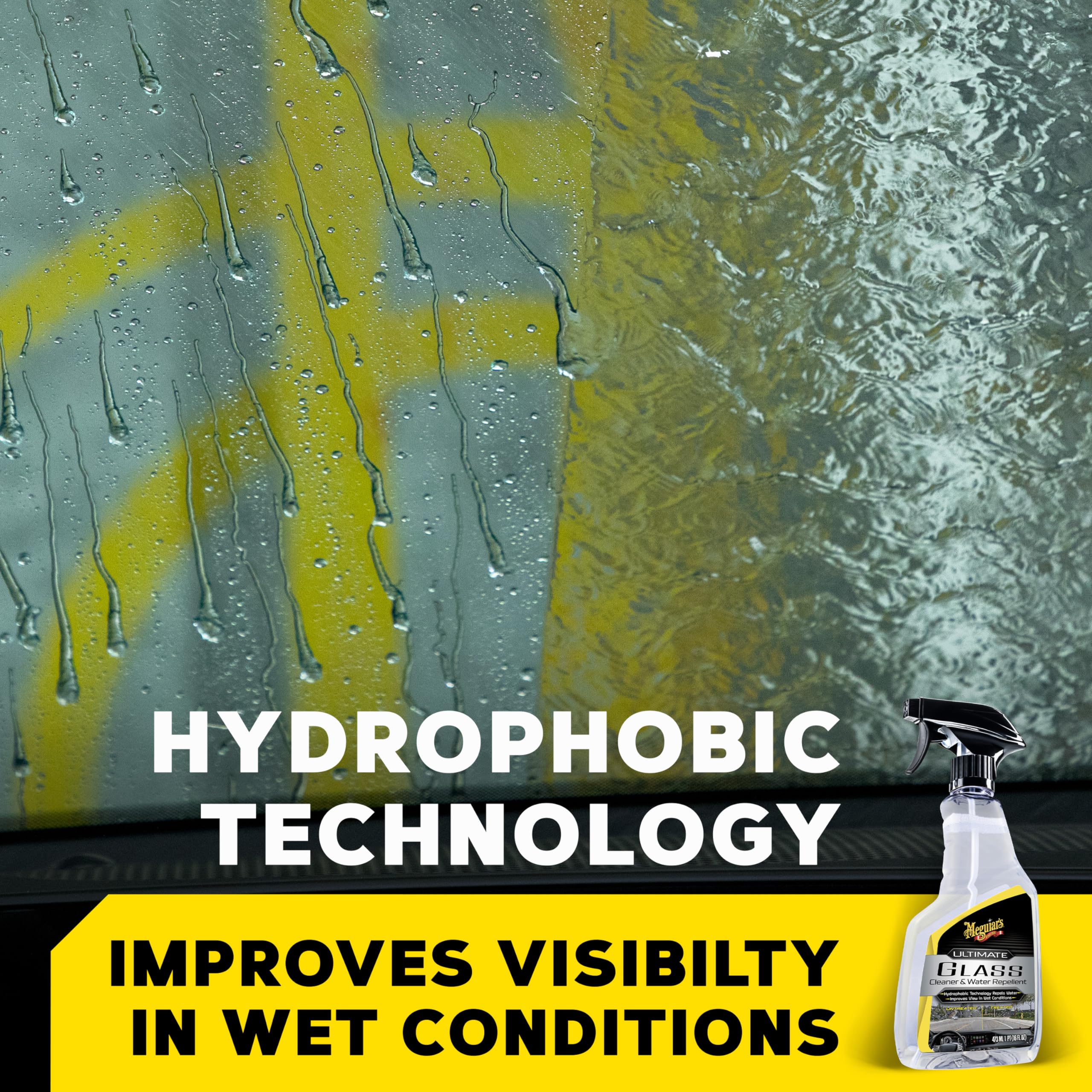Ultimate Glass Cleaner & Water Repellent Meguiar's - Premium Glass and Window Cleaner for Quick Cleaning with Hydrophobic Technology that Acts as a Rain Repellent Improving Visibility in Rain - 16oz