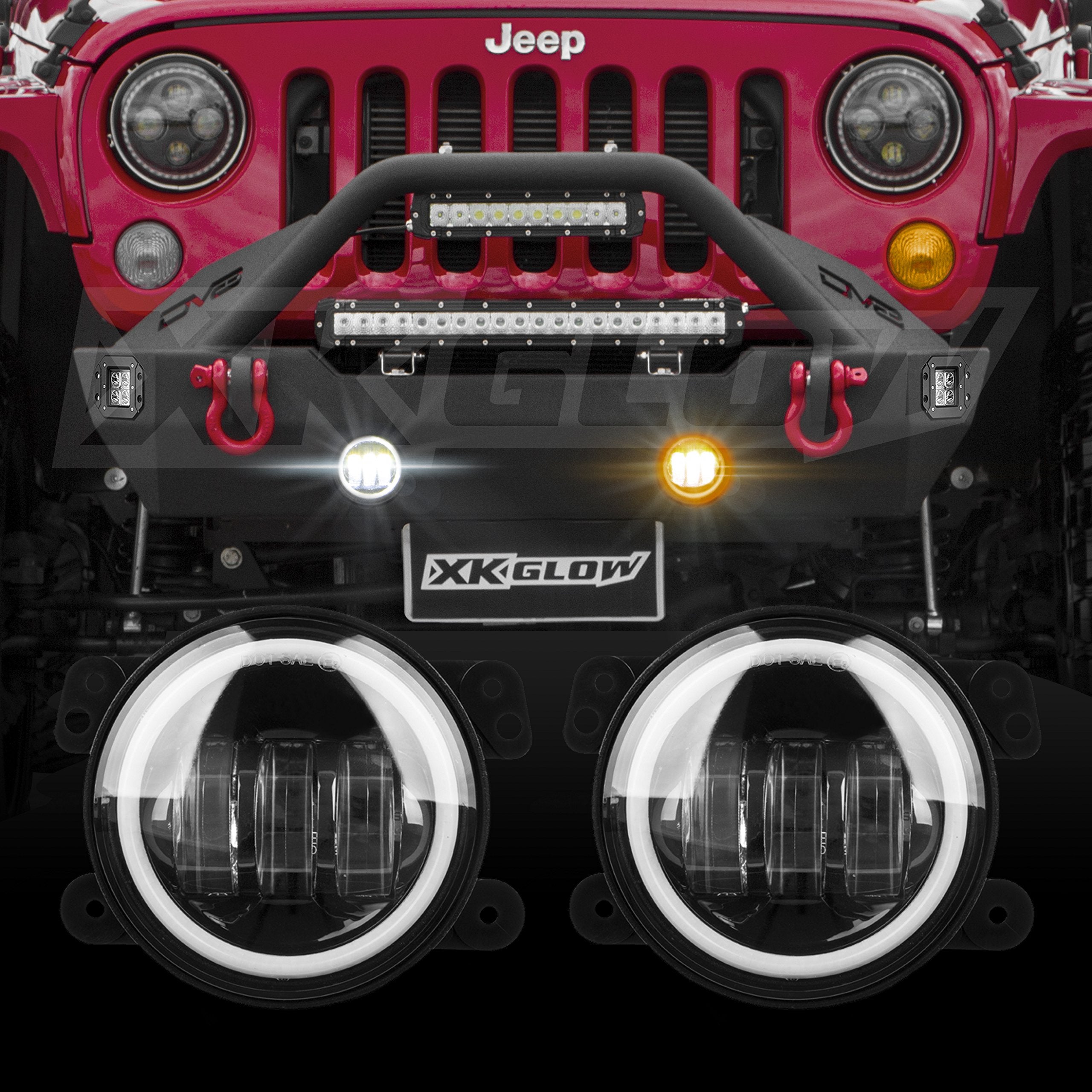 4in XKGLOW LED Fog Light Kit 2pc for Jeep Wrangler JK with Switchback Halo White DRL + Amber Turn Signal
