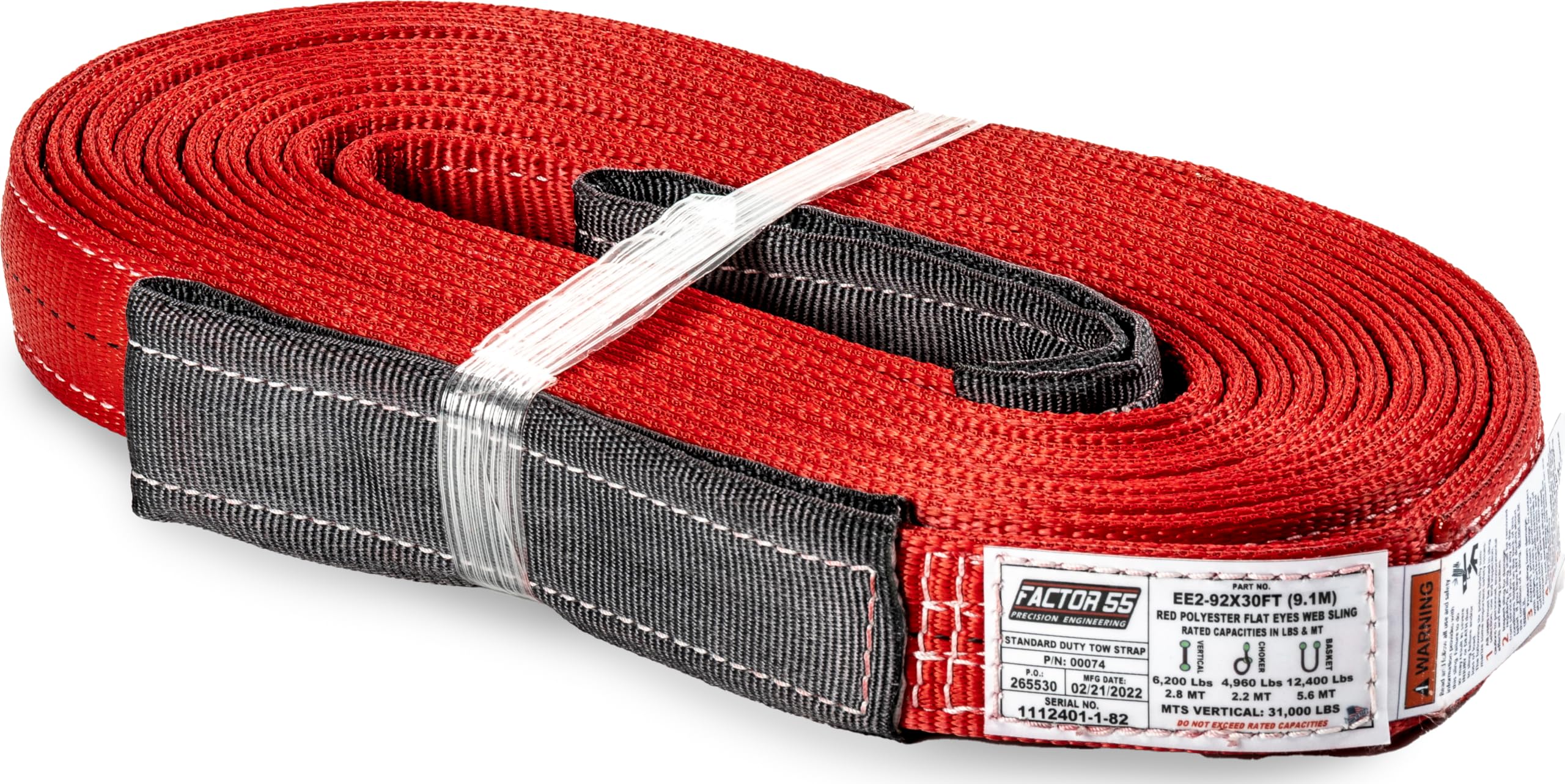 Double-Ply Factor 55 Standard Duty Tow Strap, 2" Width x 30' Length, 31,000 lbs. Maximum Breaking Strength