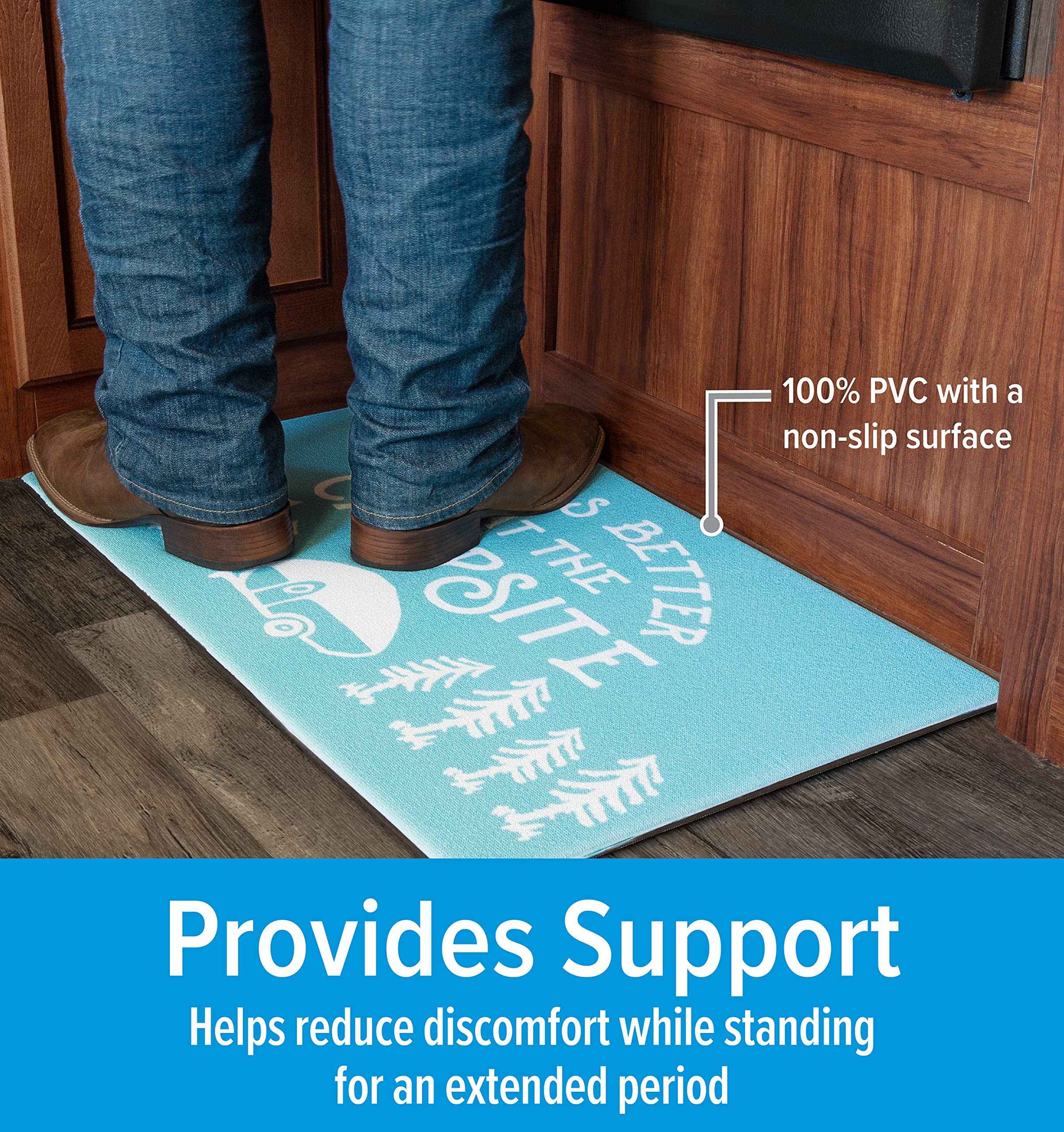 Camco Anti-Fatigue Kitchen Mat - Life is Better at The Campsite Features RV Sketch Design - Reduces Discomfort While Standing for Extended Time - Features a Non-Slip Surface - 30 x 18 x 3/4 in (53435)