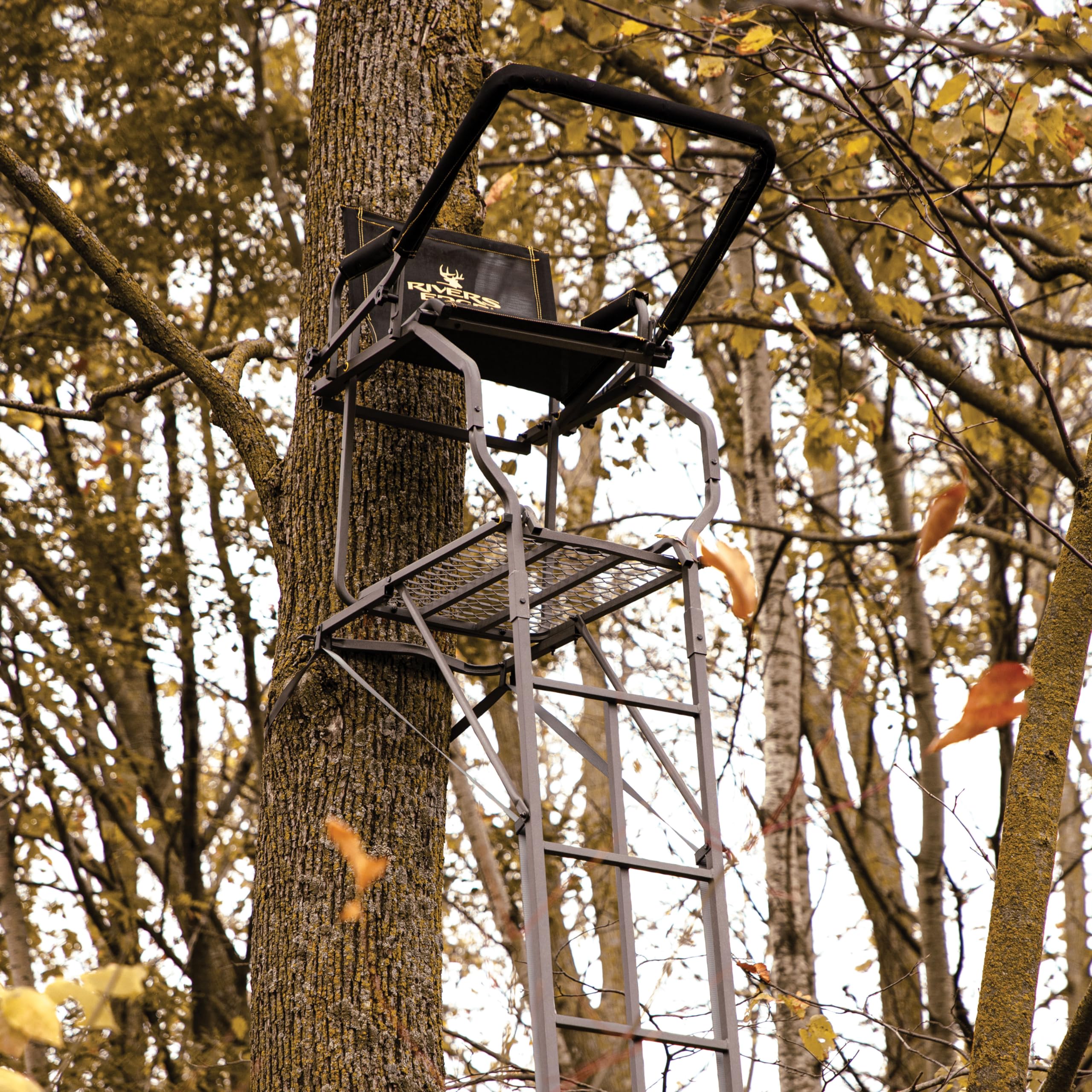 Uppercut LS Rivers Edge 1-Man Ladder Stand, 22'3" Height, Lockdown Strapping System, Flip-Up TearTuff Mesh Seat, 27" Deep Platform, Flip-Out Footrest, 2-Way Adjustable Shooting Rail, RE671