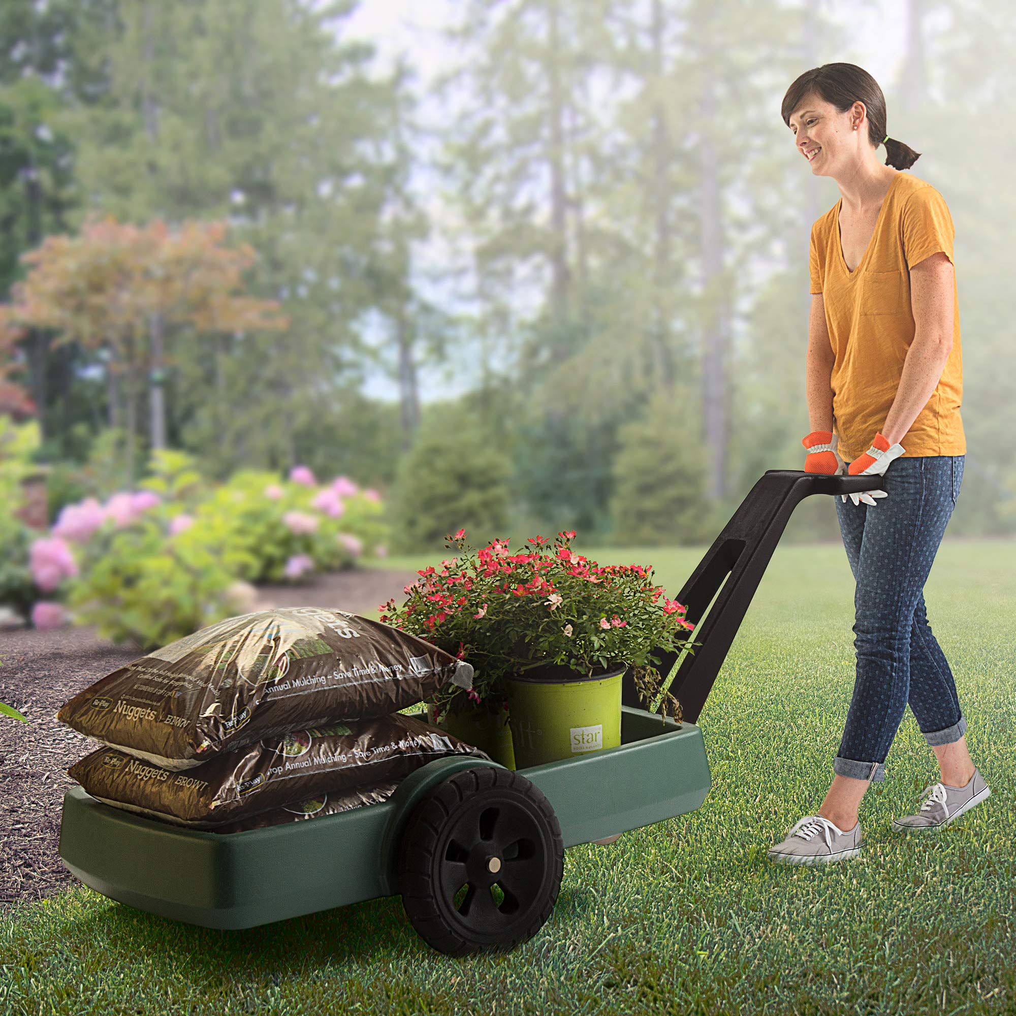 Simplay3 Outdoor Cart Yard and Garden - Long Handle Easy Turn 2 Wheel Heavy Duty Plastic Pull Cart for The Backyard 42 in. x 20 in. x 4 in. Bed, Green