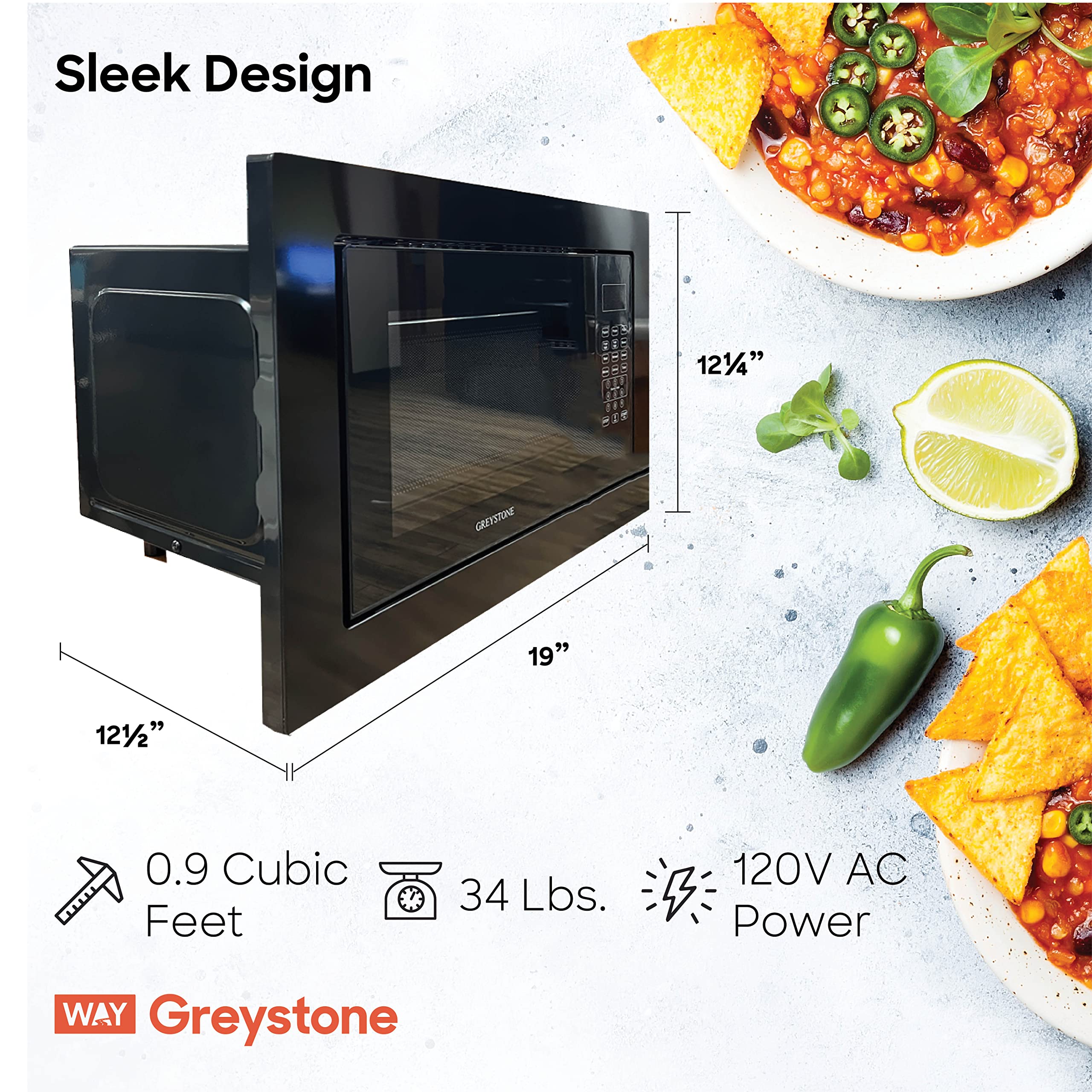 Built-In Greystone 0.9 Cubic Foot Microwave, Digital Touchpad, LED Display, Includes Trim, Black