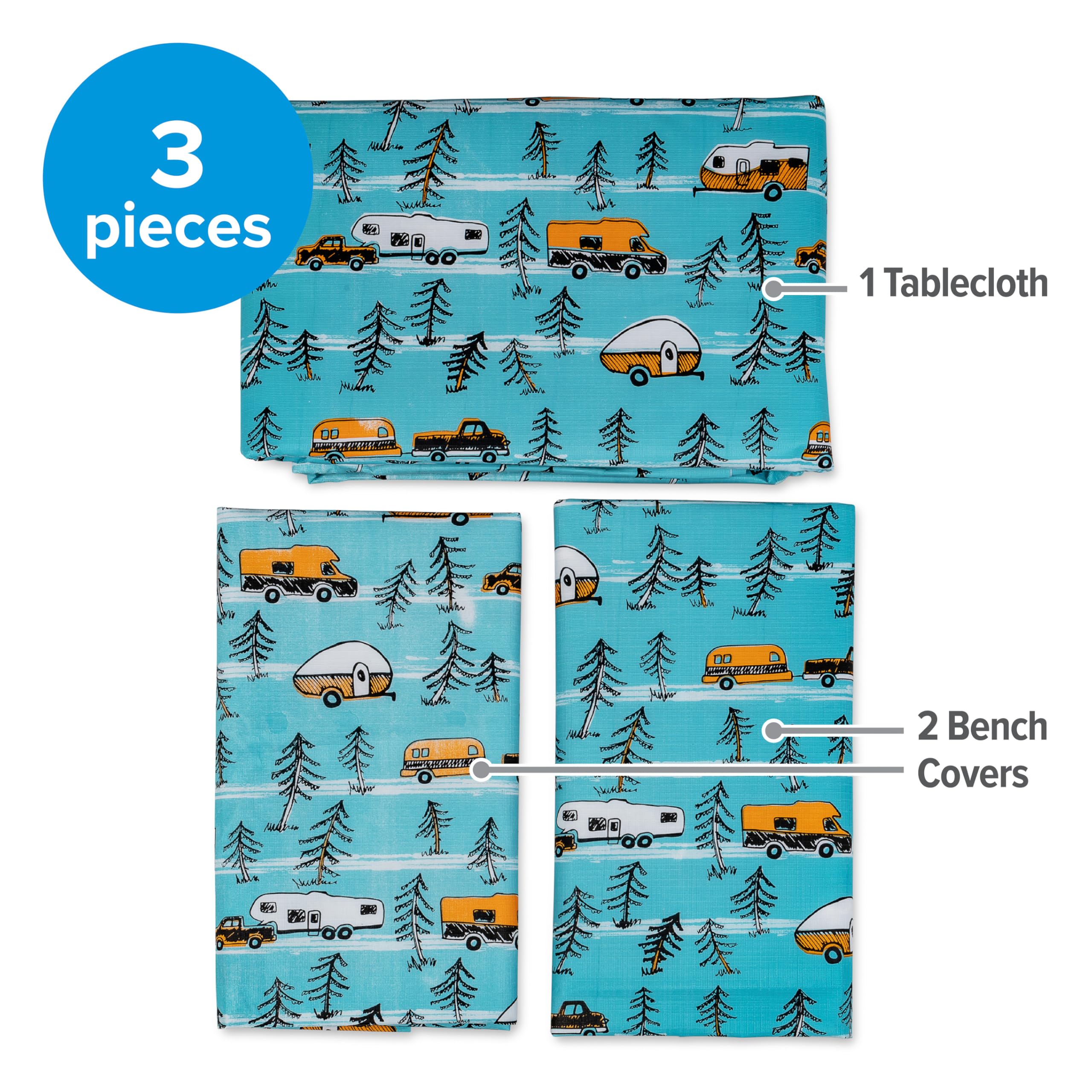 Camco Picnic Table Cover Life is Better at The Campsite with Bench Covers - Provides a Clean Eating Surface for Outdoor Activities - Features an RV and Tree Sketch Design (53380)