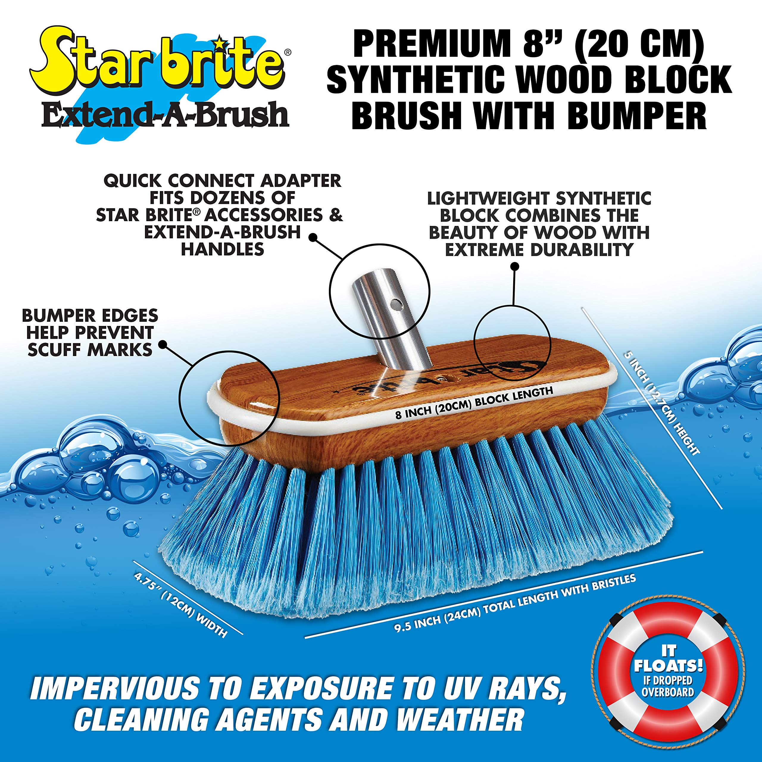 8" STAR BRITE Premium Cleaning Brush - Synthetic Wood Block with Durable, High-Density Star Prene Fibers for Boat, RV & Auto Surfaces - Extend-A-Brush Handles - Medium Bristle, Blue (040171)