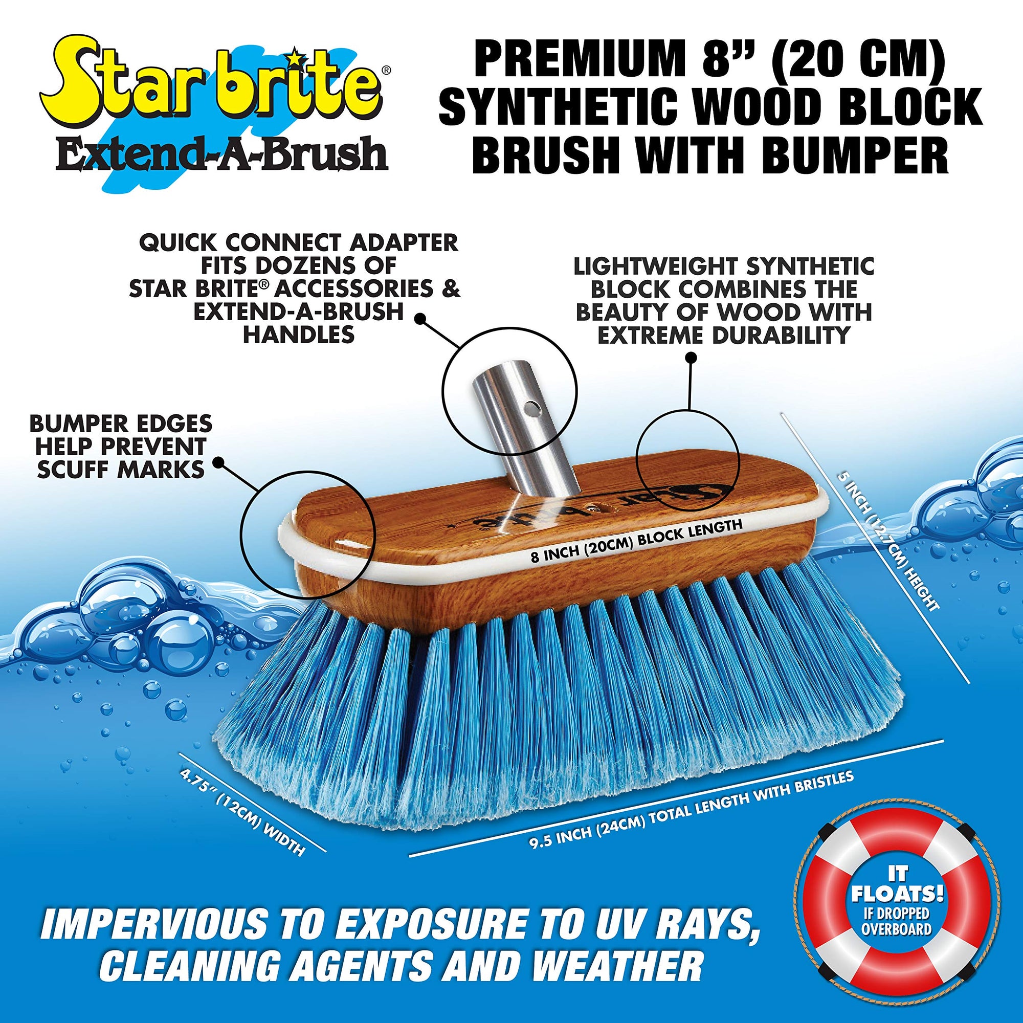 8" STAR BRITE Premium Cleaning Brush - Synthetic Wood Block with Durable, High-Density Star Prene Fibers for Boat, RV & Auto Surfaces - Extend-A-Brush Handles - Medium Bristle, Blue (040171)