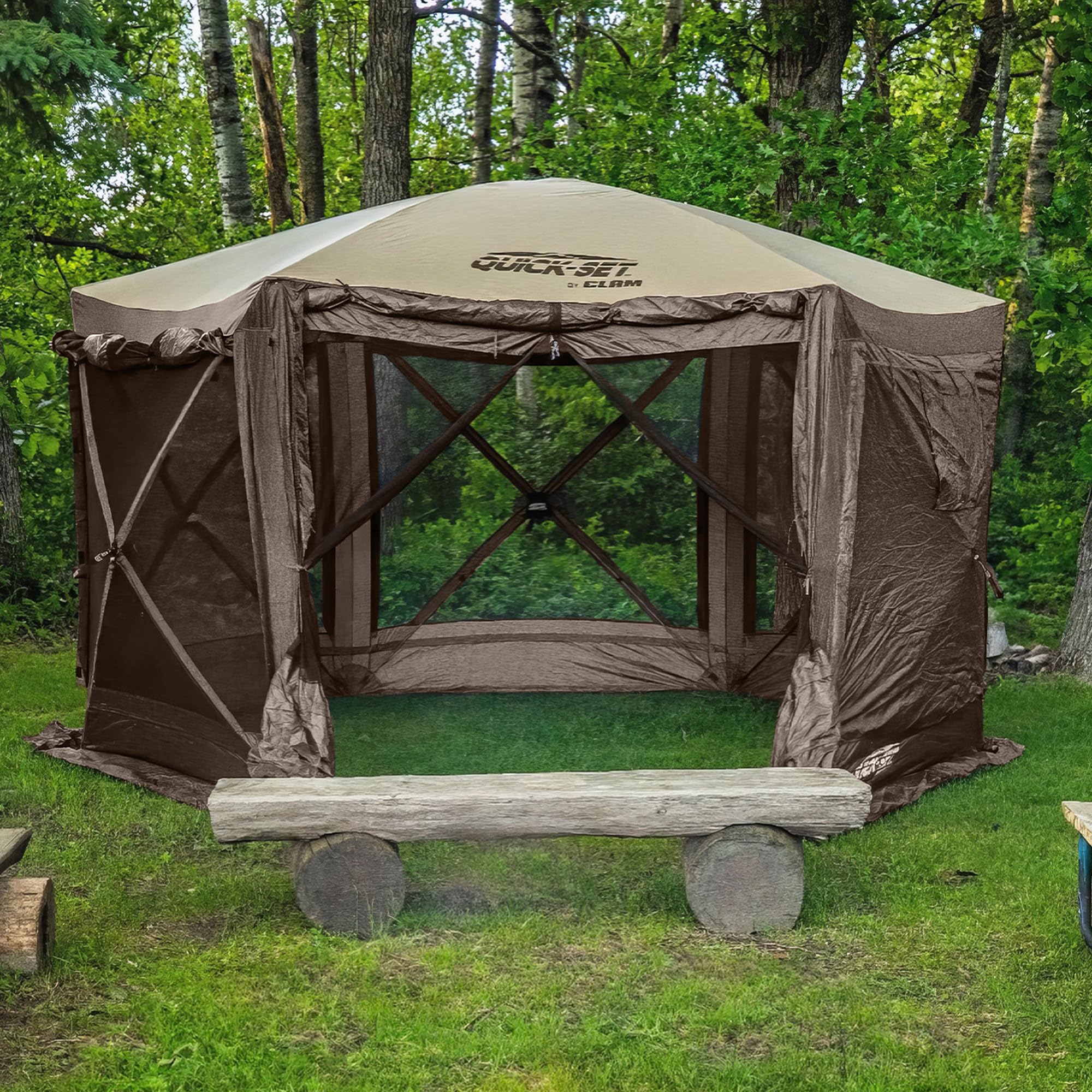 Clam Quick-Set Pop Up Screen Tent & Shelter, Outdoor Camping Gazebo Canopy, 12.5', Brown