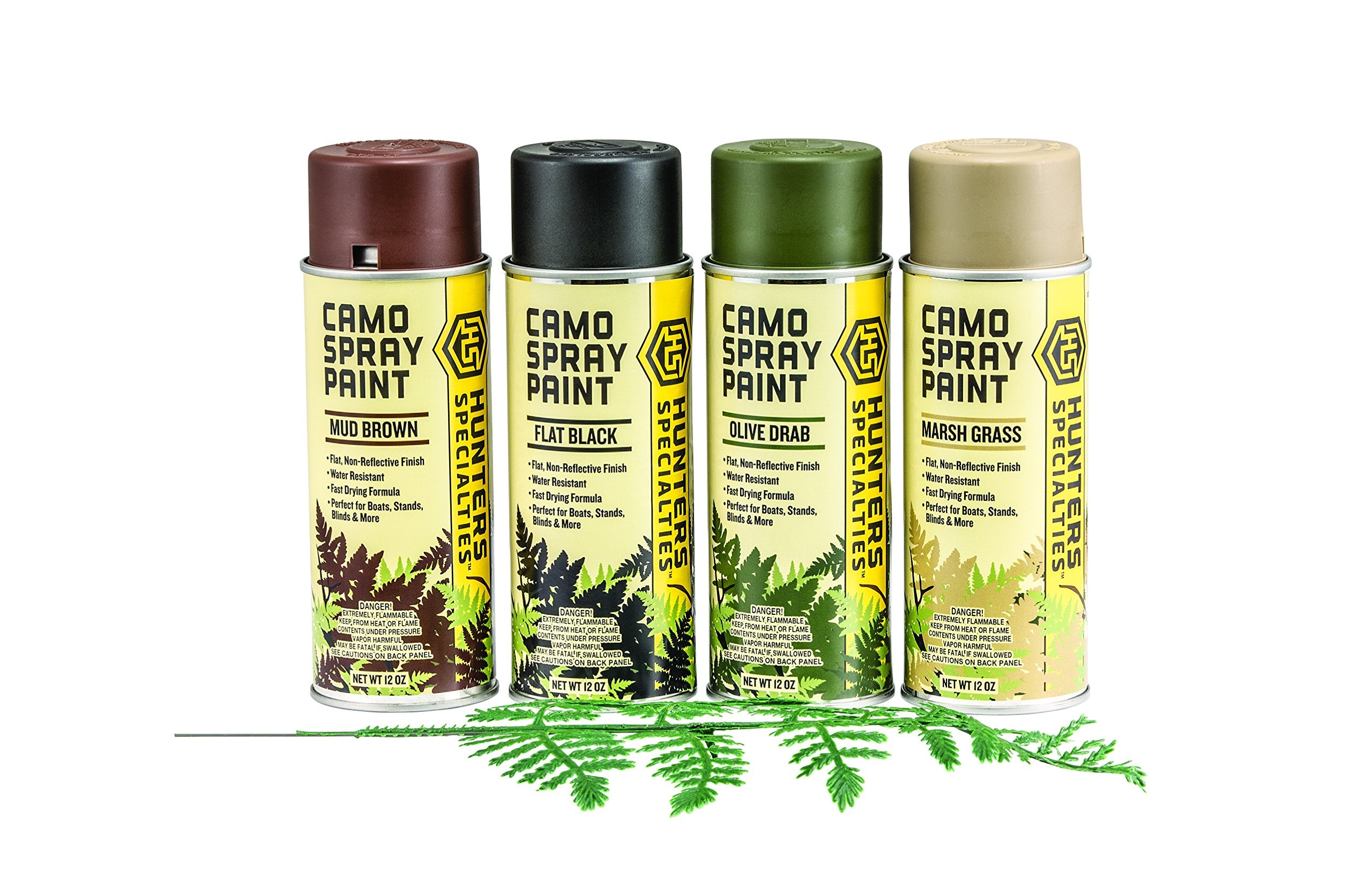 Camo Spray Paint Kit Hunters Specialties with Leaf Stencil - Non-Reflective Finish Water Resistant Fast Drying Paint for Treestands, Decoys, Blinds & Other Hunting Equipment, 4 Colors - 12 Oz Spray Can