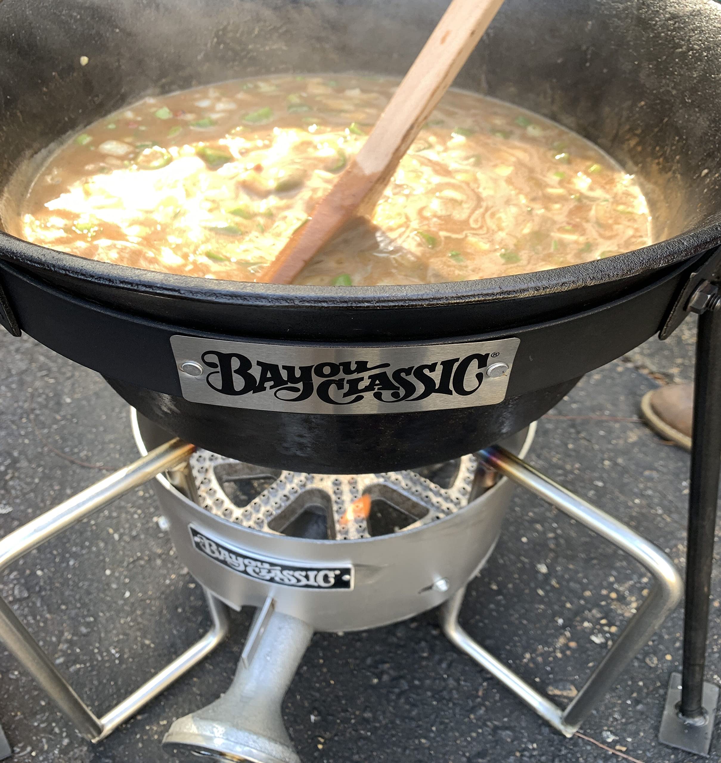 Bayou Classic 16-in Stainless Bayou SAB4 Cooker Features 10-in Cast Iron Burner 16-in Cooking Surface 3/8-in Round Bar Welded Frame 30-psi Adjustable Regulator w/ 48-in Stainless Braided Hose