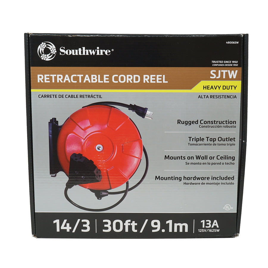 Southwire Retractable Medium Duty Extension Cord Reel - 3 Outlets - 14/3 SJTW Cord - Grounded Tri-Tap - Heavy Duty Steel Reel - Wall & Ceiling Mountable - UL Listed - Red & Black - 30 Feet