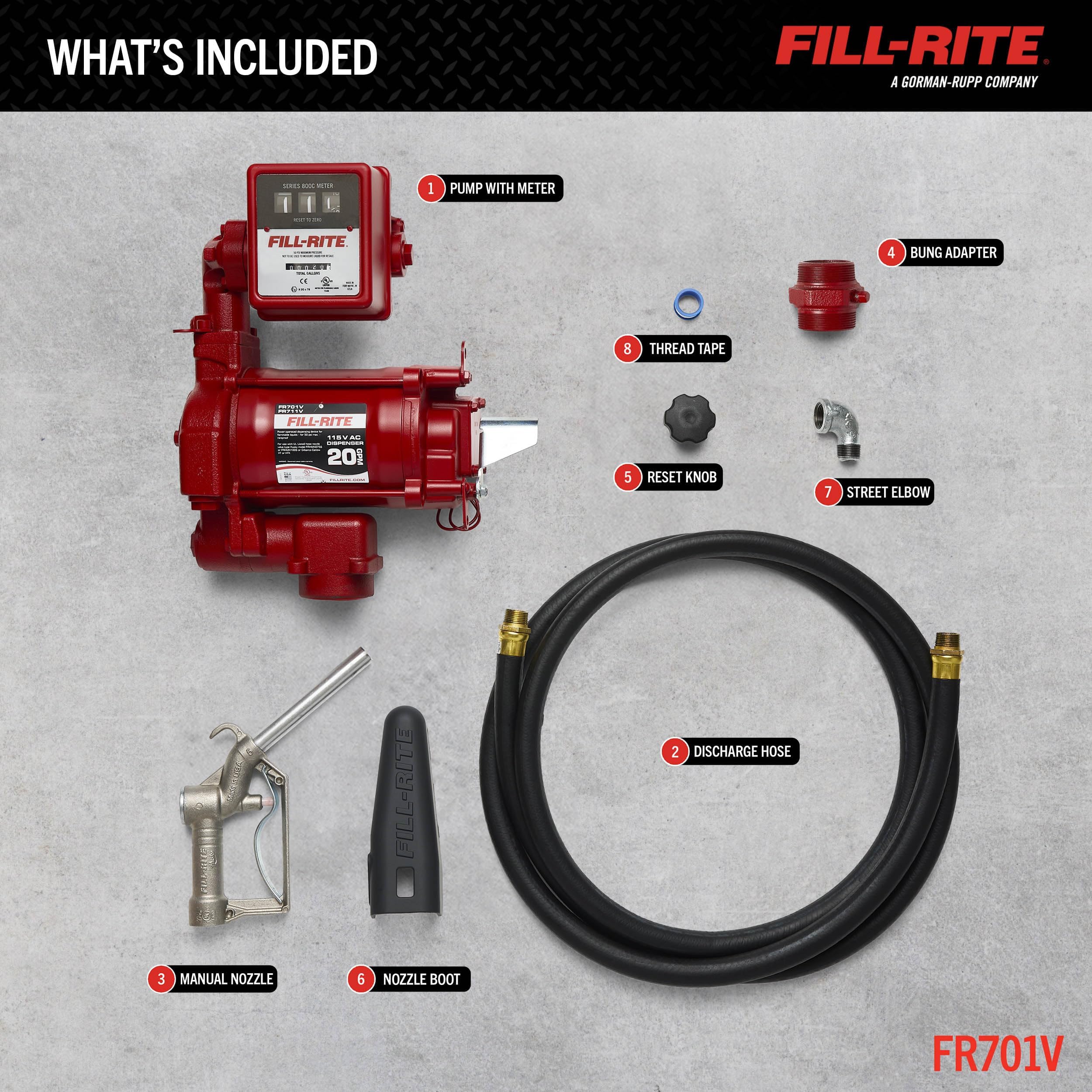 Fill-Rite 115V FR701V 20 GPM Fuel Transfer Pump With Standard Mechanical Meter Package, Gallons - For Gasoline, Diesel, Kerosene, Ethanol Blends, Methanol Blends & Biodiesel up to B20