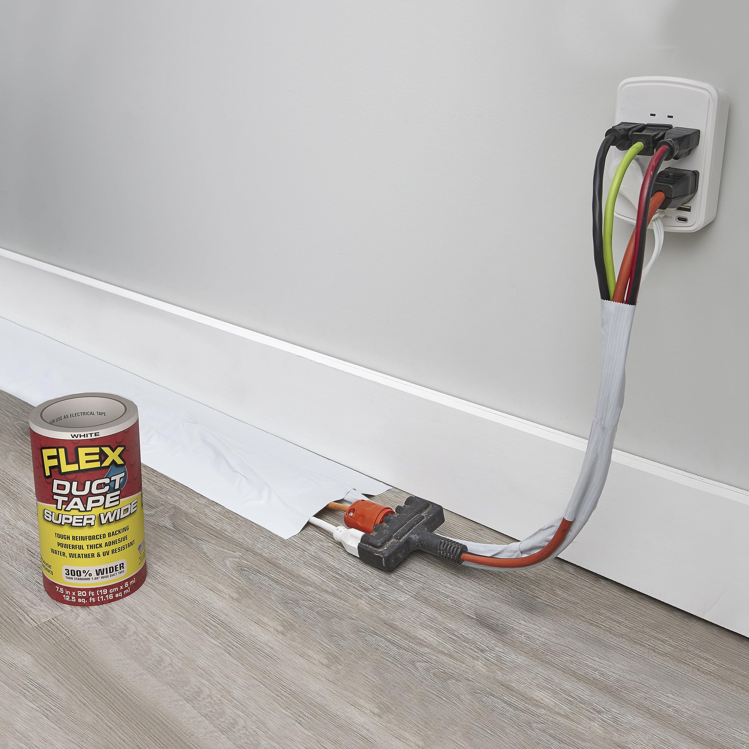 Super Wide Flex Duct Tape, 7.5 Inches x 20 Feet, White, Heavy Duty Strong, Multi-Surface, Water, Weather and UV Resistant, Tearable, Perfect for Boxes, No Residue