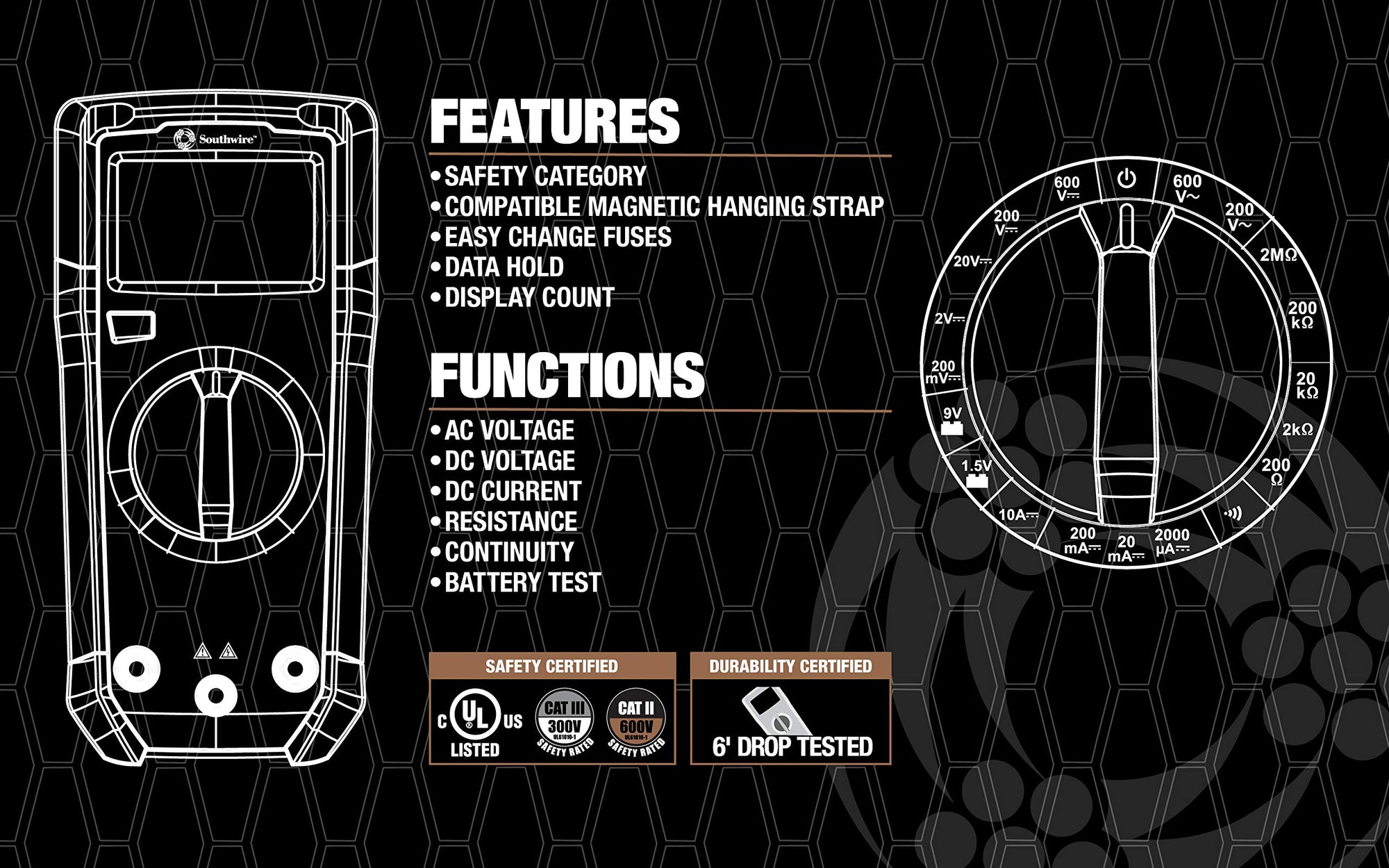 Multimeter Southwire Manual Range - 7 Functions & 19 Ranges - Double-Molded Rugged Housing - Battery Test - CAT III 300V Safety Rating