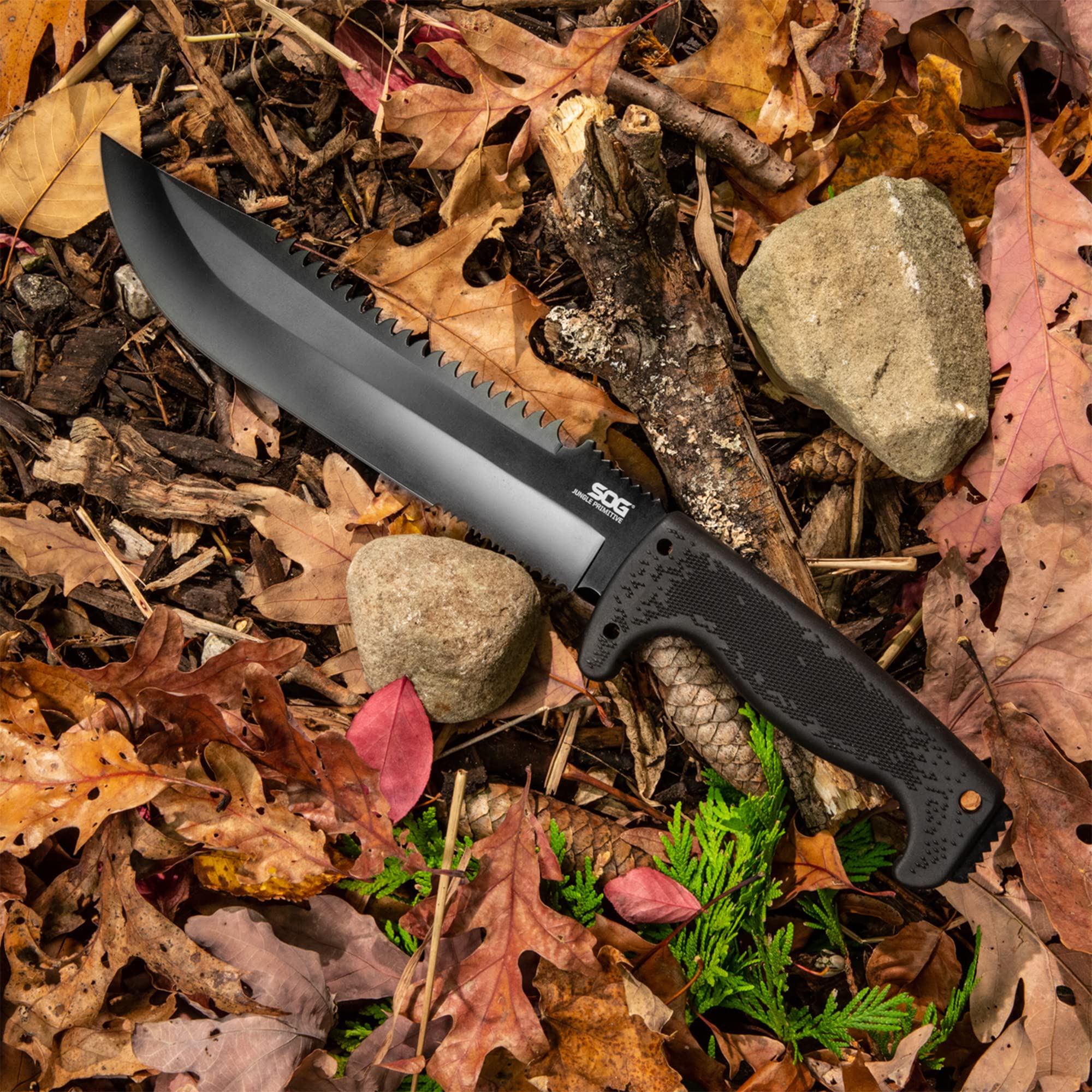 SOG Fixed Blade Jungle Primitive- Camping and Field Tactical Machete with Sheath for Clearing Brush, Full Tang Survival Knife 15.3 Inches (F03TN-CP), Steel,Black