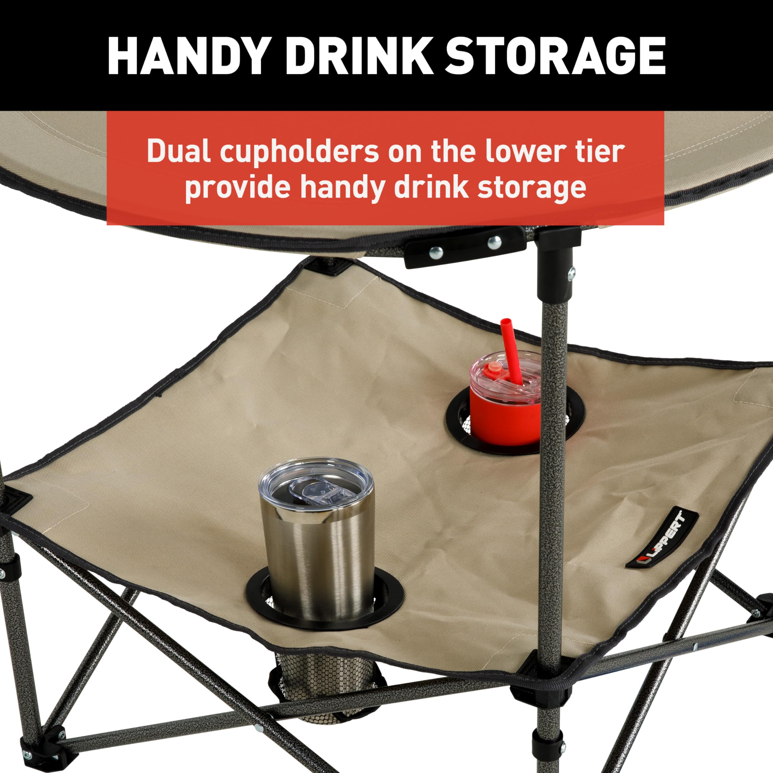Lippert Two-Tier Sand Folding Camping Table with Dual Cupholders, 600D Polyester Fabric, Powder-Coated Steel Frame, Foldable Design, Lightweight Construction, Zippered Carry Bag - 2023053721