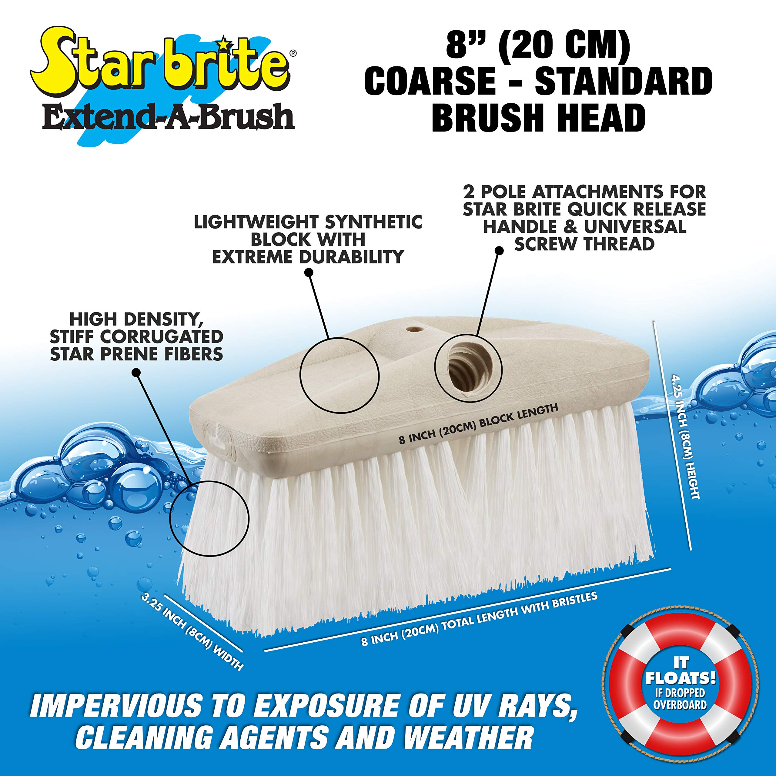8" STAR BRITE Heavy Duty Cleaning Brush – Durable, High-Density Star Prene Fibers for Boat Decks, Docks & Tough Surfaces – Fits 3/4" Threaded or Extend-A-Brush Handles – Stiff Bristle, White (040010)