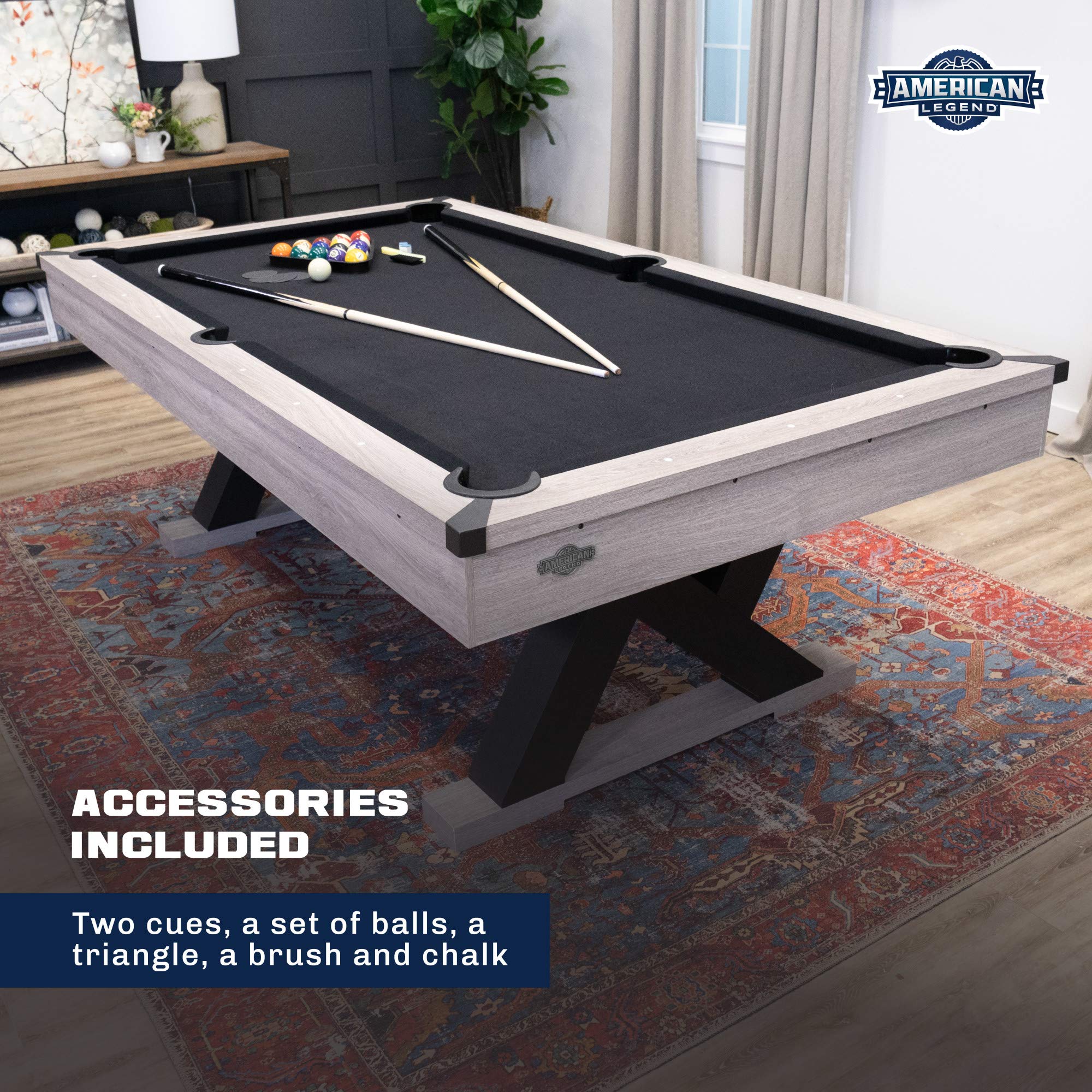 Kirkwood American Legend 90” Billiard Table with Rustic Finish, K-Shaped Legs and Black Cloth, Brown