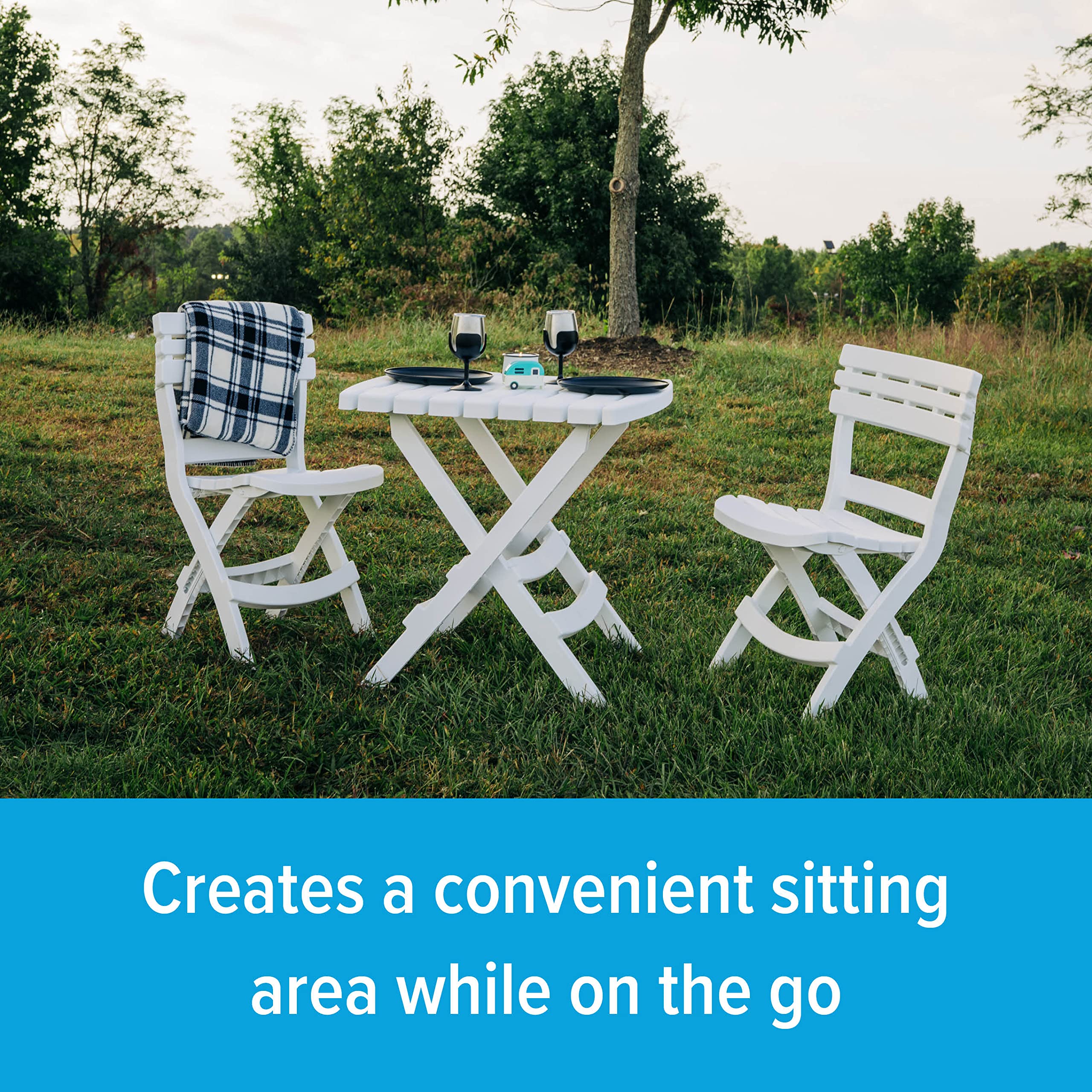 Camco Table and Chair Outdoor Set | Features Foldable Design for Compact RV Storage and Organization | Great for Camping, Events, Patios, and More | No-Tool Assembly | 3-Piece, White (51640)
