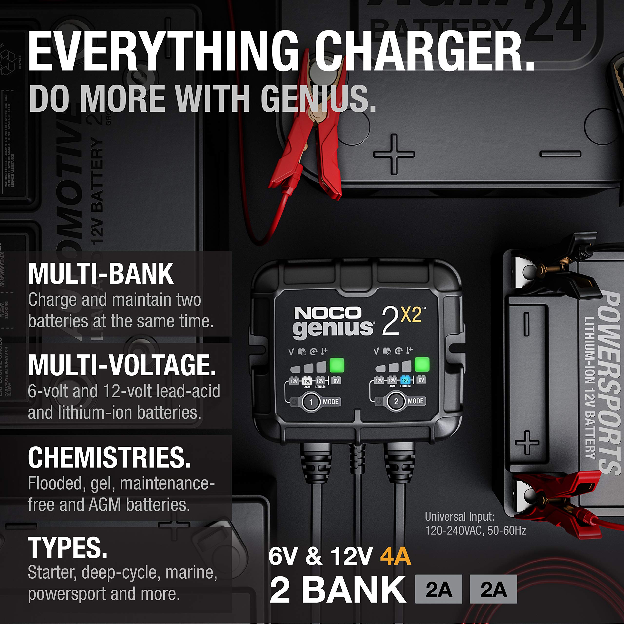 GENIUS2X2 NOCO: 4A 2-Bank Smart Battery Charger (2A/Bank) - 6V/12V Automatic Maintainer, Trickle Charger & Desulfator with Overcharge Protection & Temperature Compensation – for Lead-Acid & Lithium
