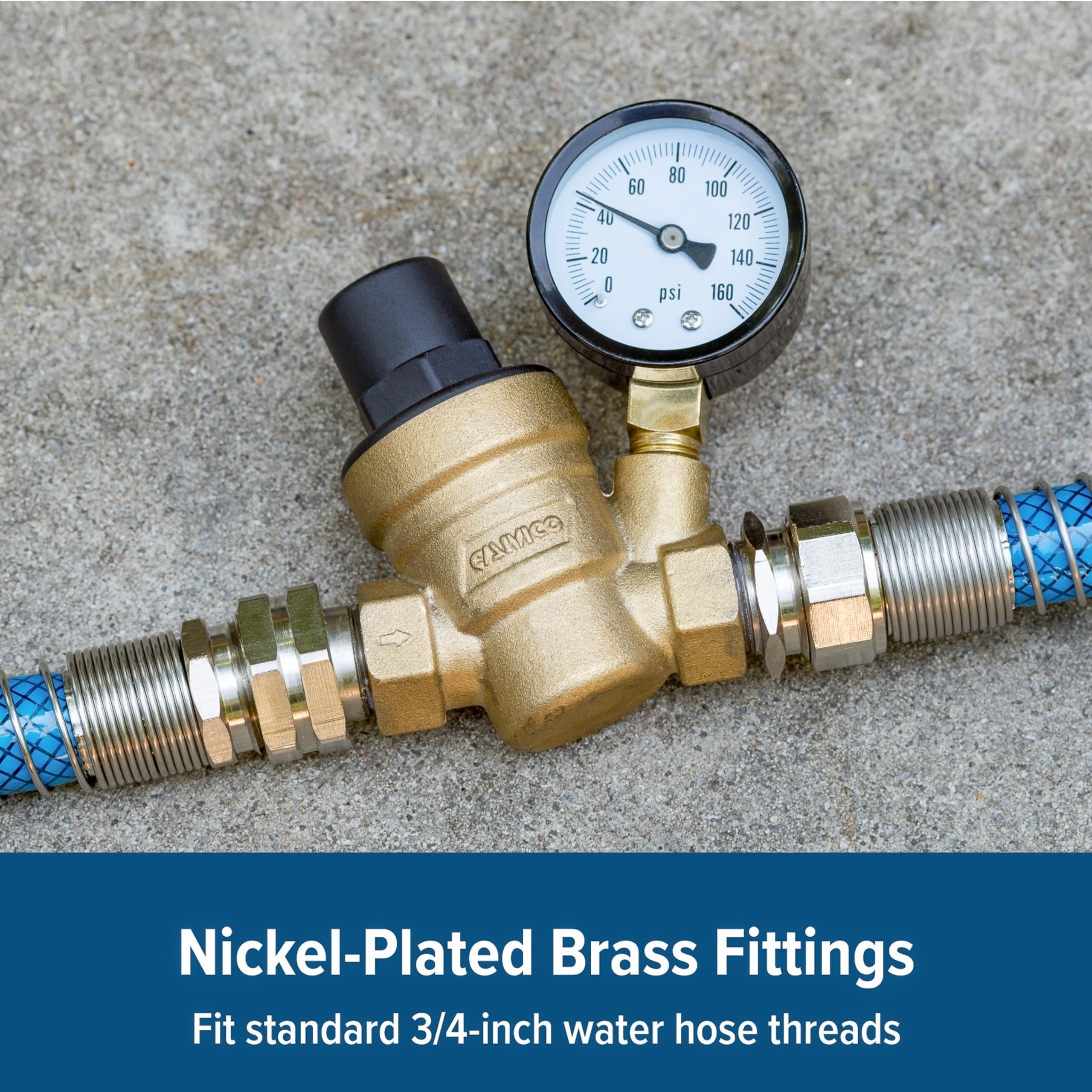 Camco Brass Adjustable RV/Marine Water Pressure Regulator | Help Stop Damage to RV/Marine Appliances, Plumbing Fixtures, and Hoses | Features Standard Garden Hose Threads for Simple Hookup | (40058)