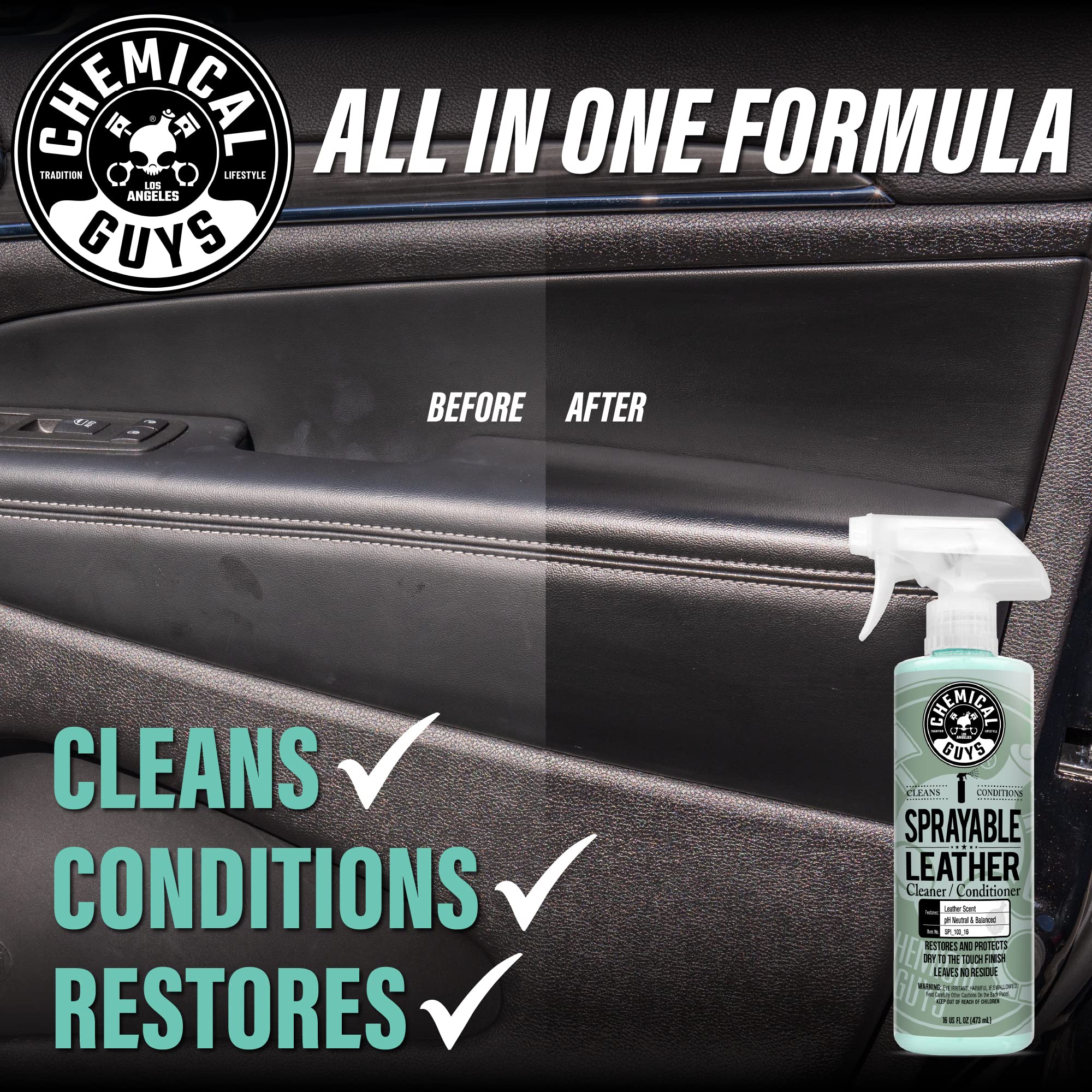 Chemical Guys Sprayable Leather Cleaner and Conditioner SPI_103 in One for Interiors, Apparel, and More (Works on Natural, Synthetic, Pleather, Faux Leather and More) Leather Scent, 128 fl oz (1 Gal)