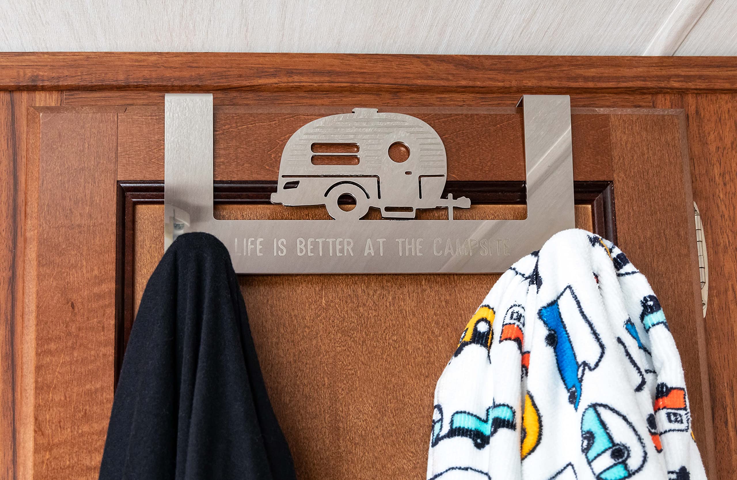 Over-The-Cabinet Hooks Camco Life is Better at The Campsite | Ideal for Small Spaces | Made of Durable Stainless Steel | (53381), Silver, Medium