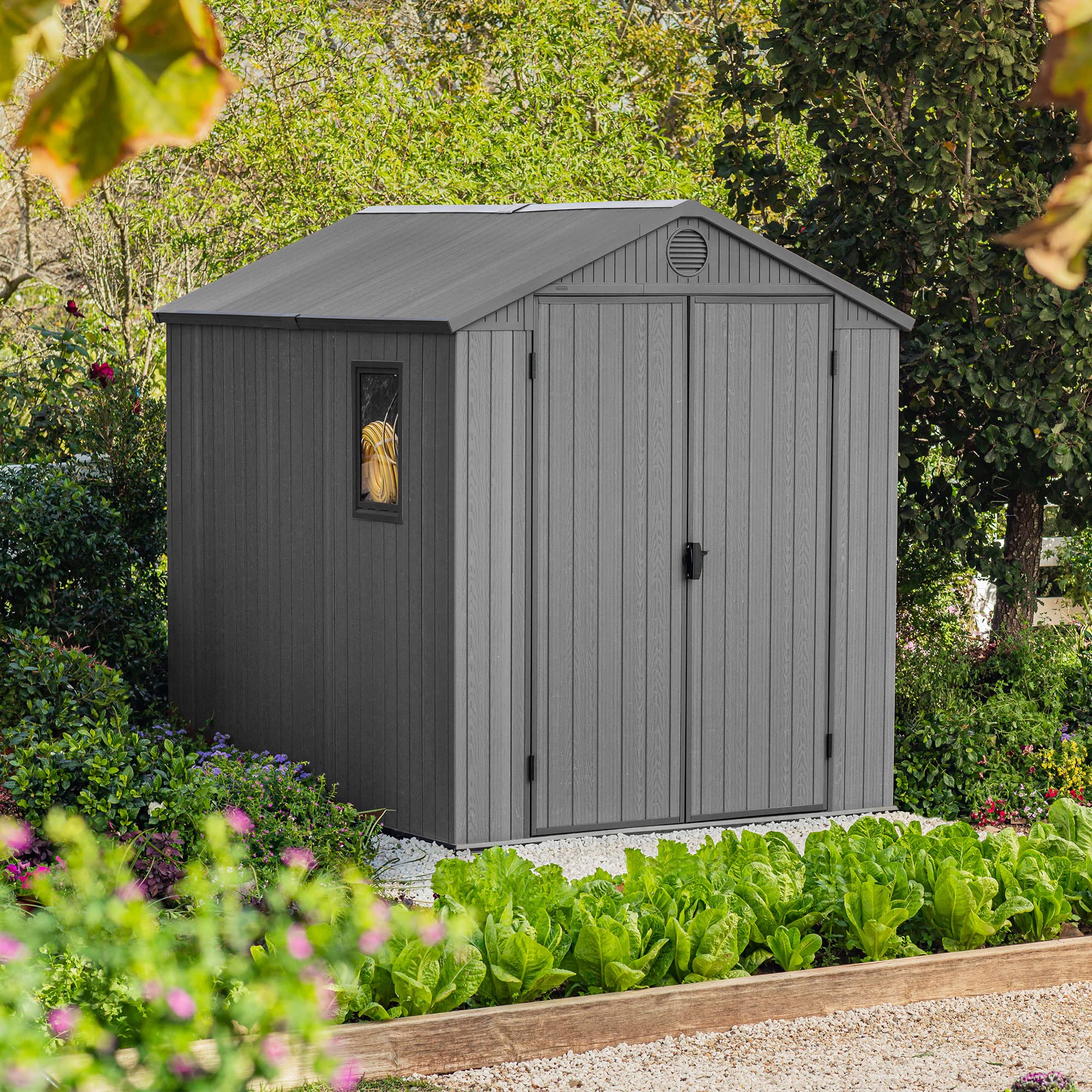 Keter Outdoor Tool Storage Shed, for House, Patio & Yard, Darwin, 6 x 8 Ft, Graphite Gray - Portable and Lockable Resin Utility Organizer for Backyard, Pool, Garden or Lawn Organization