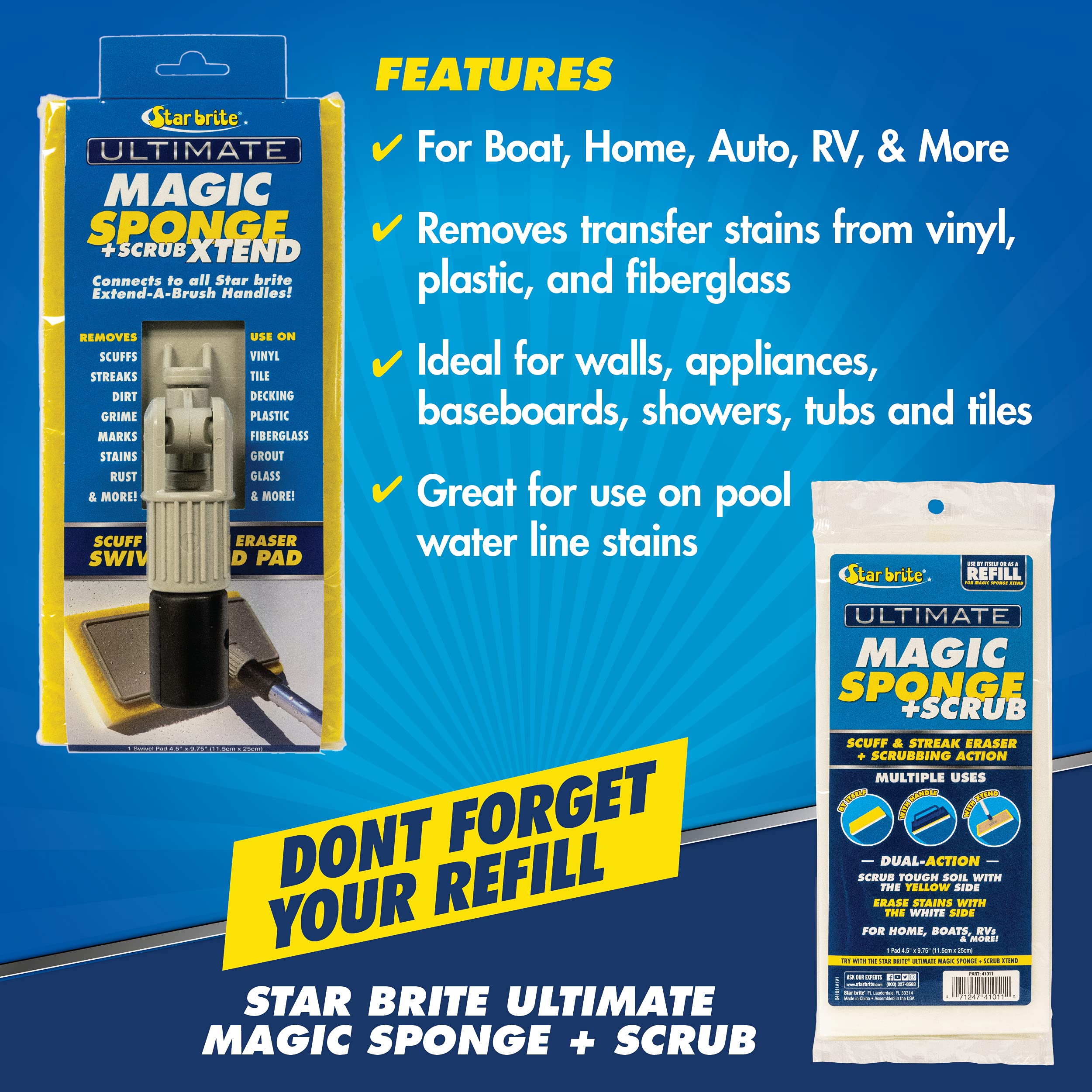Ultimate Magic Sponge STAR BRITE + Scrub XTEND - Dual Articulating Flex Head, Ideal for Pool, Spa, RV, Boat, and Home, Connects to Extend-A-Brush Handles (041010)