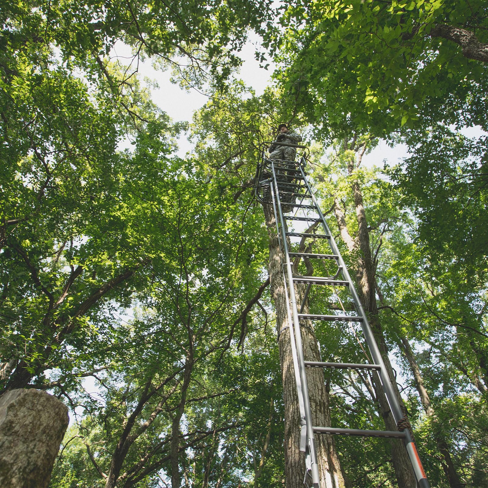 Sasquatch 21' Hawk 1.5-Man Ladder Stand | Durable Hunting Archery Steel 1 Person Tree Stand with Flip Up Chair, Hercules Cross Grip Safety System