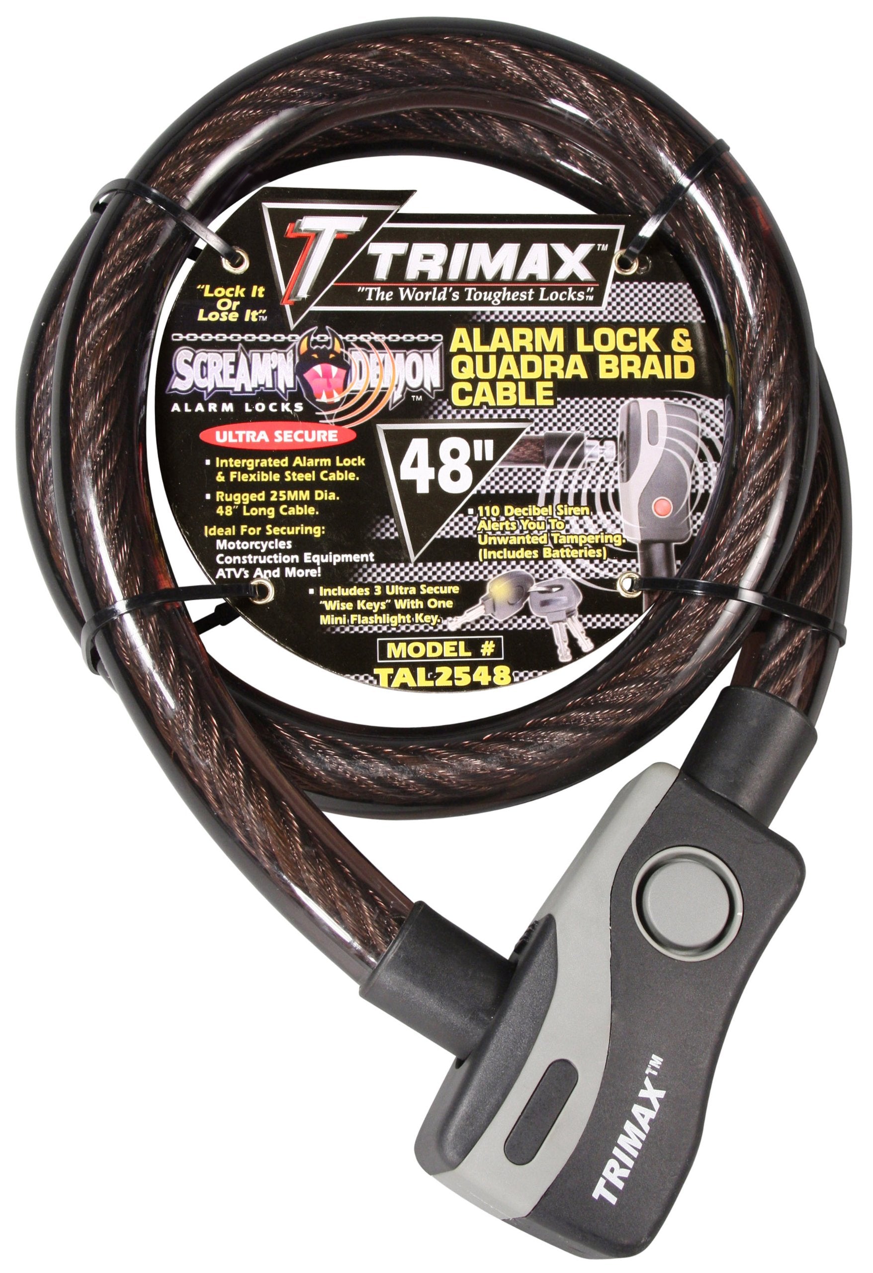 Quadra-Braid Cable 4' L X 25Mm Trimax Alarmed Lock TAL2548, Card Packaging, Black