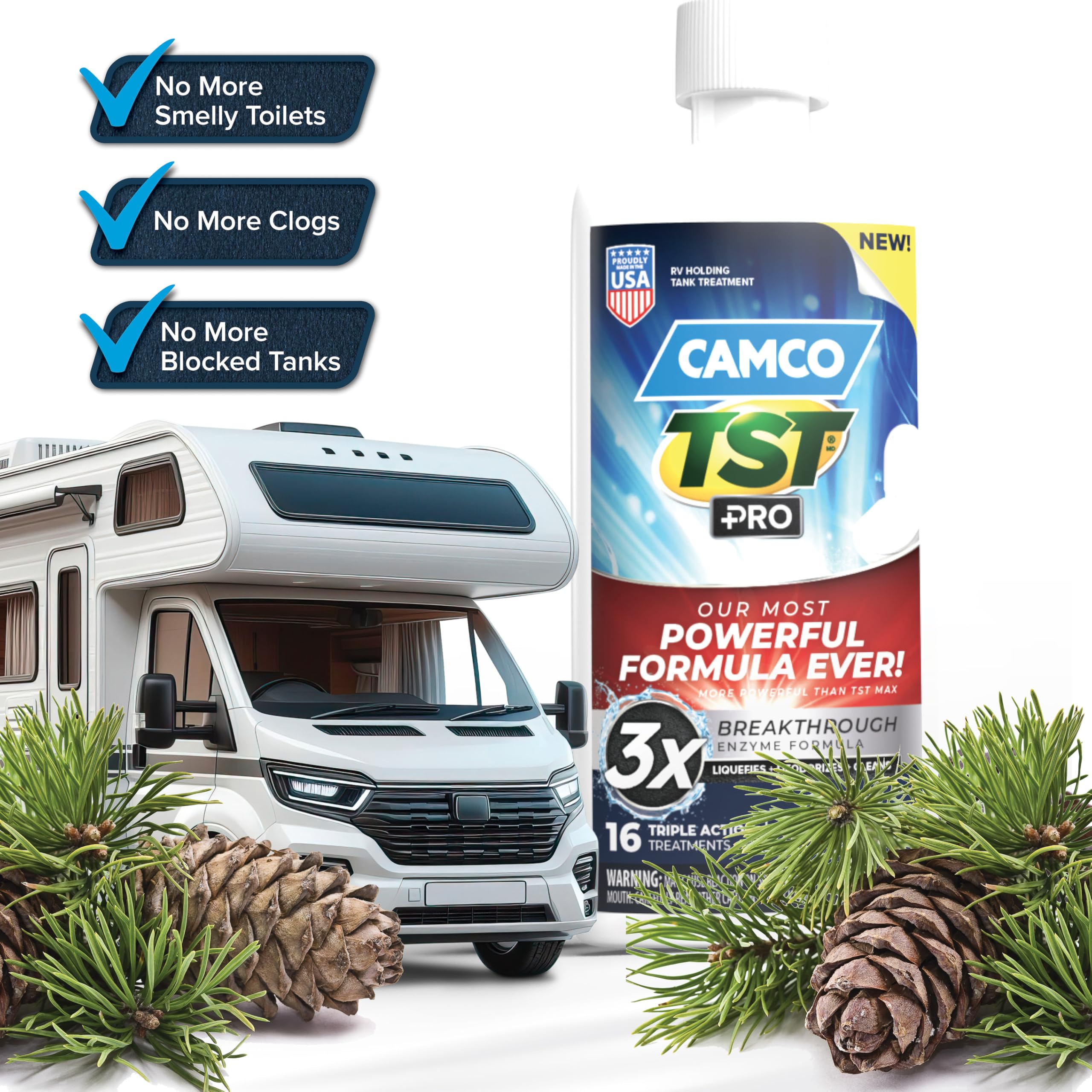 Camco TST PRO Toilet Treatment Camper/RV - Innovative Bio-Enzymatic Formula -Fastest Odor Stopper & RV Sewer Waste Breakdown - RV Black Tank Treatment - Fresh Pine Scent - Septic-Safe, 32-Oz (41771)
