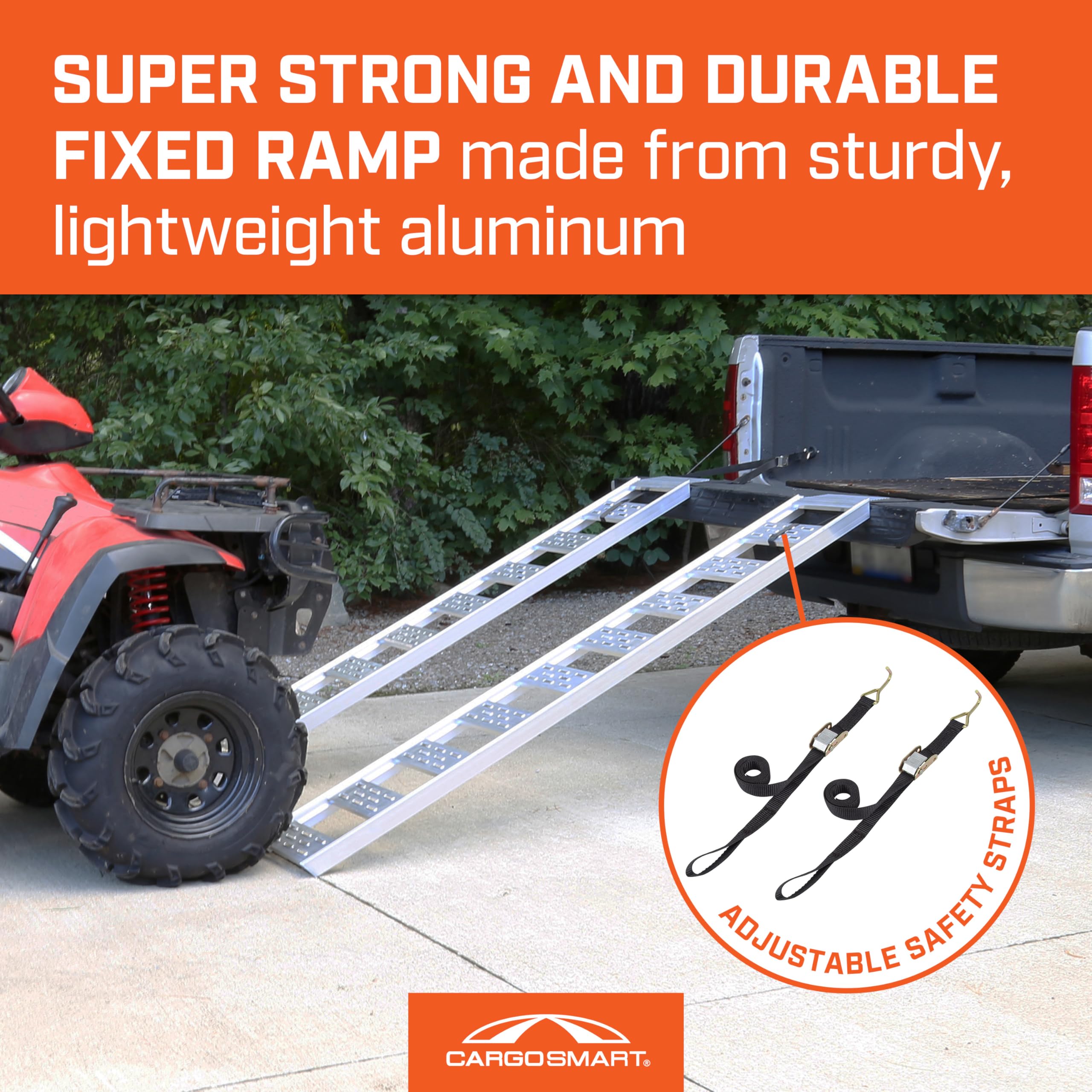 Aluminum Straight Fixed Ramp with Treads (2pk) CARGOSMART - Easily and Safely Load and Unload Light Equipment, Lawn Tractors, ATVs and More, 1,250 lb. Capacity, 12" W x 78" L