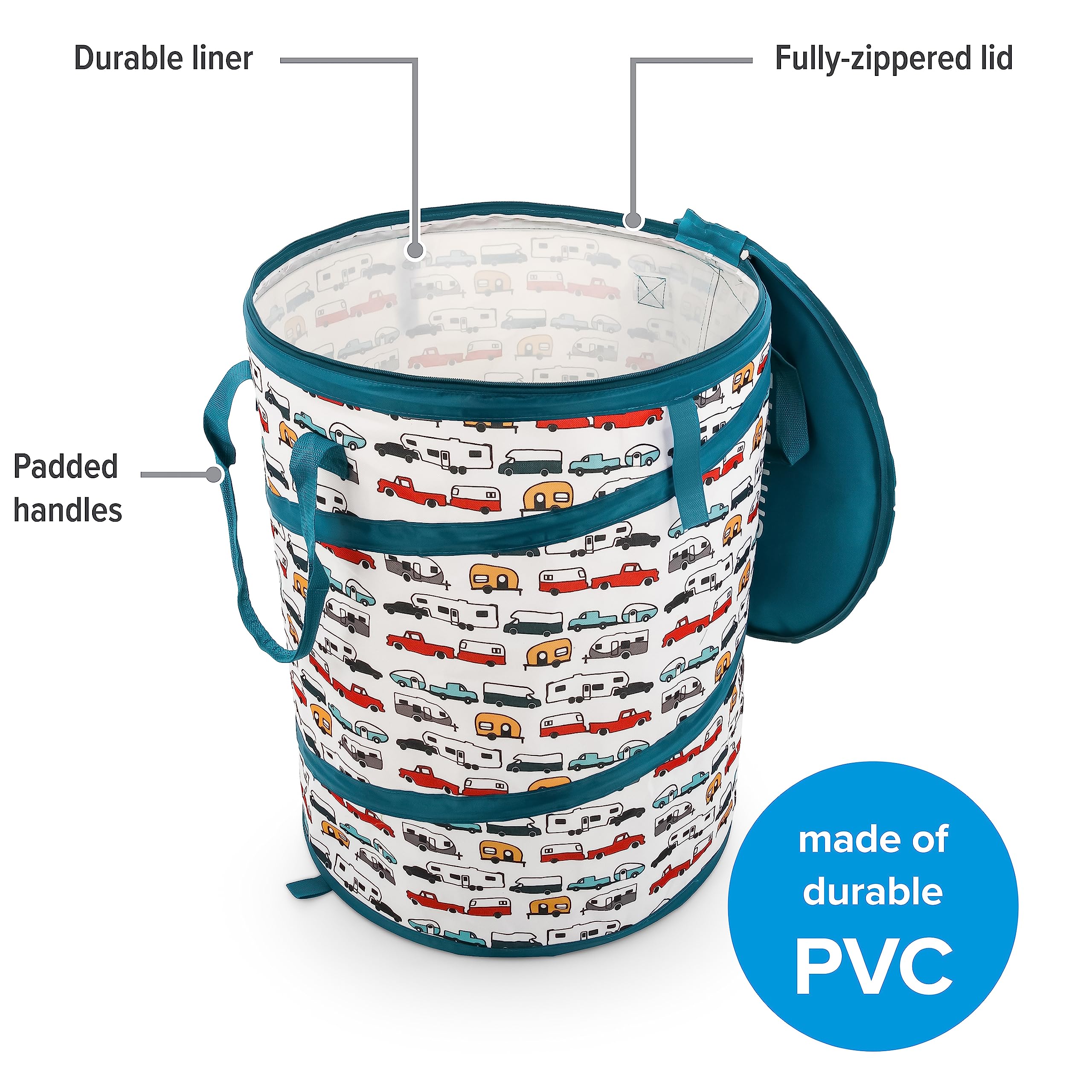 Camco Utility Container Pop-Up - Features Heavy Duty Liner & Zipper Close Lid - Holds 30-Gallon Kitchen-Size Trash Bags - Stands 2-Ft Tall & Collapses for RV Storage and Organization (42986)