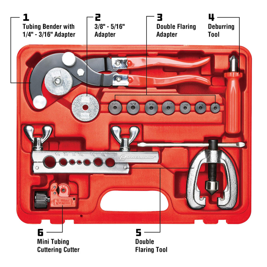 14 Piece Powerbuilt Master Tubing Service Kit, Cutting, Bending, Flaring Metal Tubes, HVAC, Car Repair, Plumbing, Electrical Tool Set - 948006