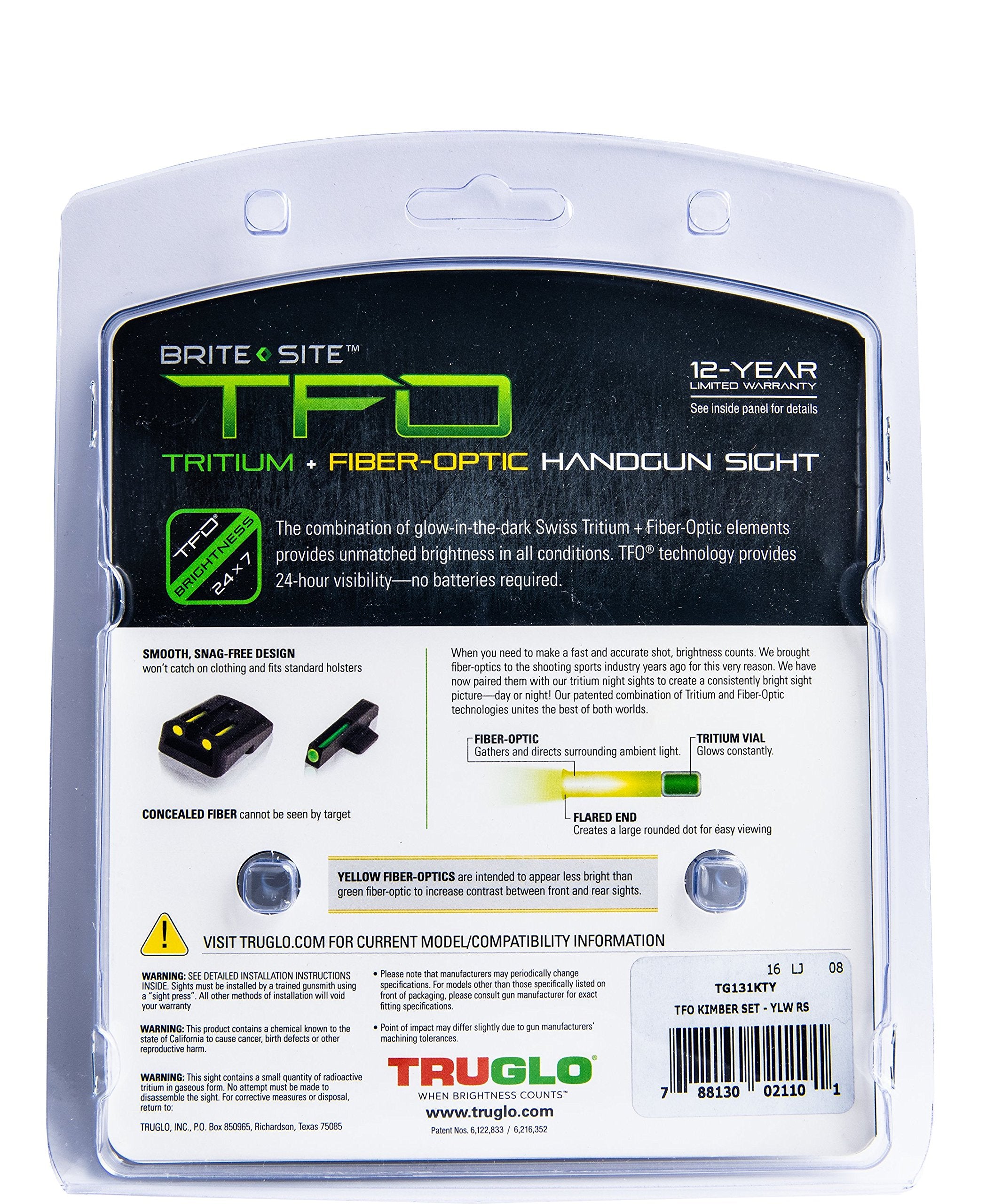 TG131KTY TRUGLO TFO Brite-Site Series, Yellow Rear Sight, Kimber, One Size