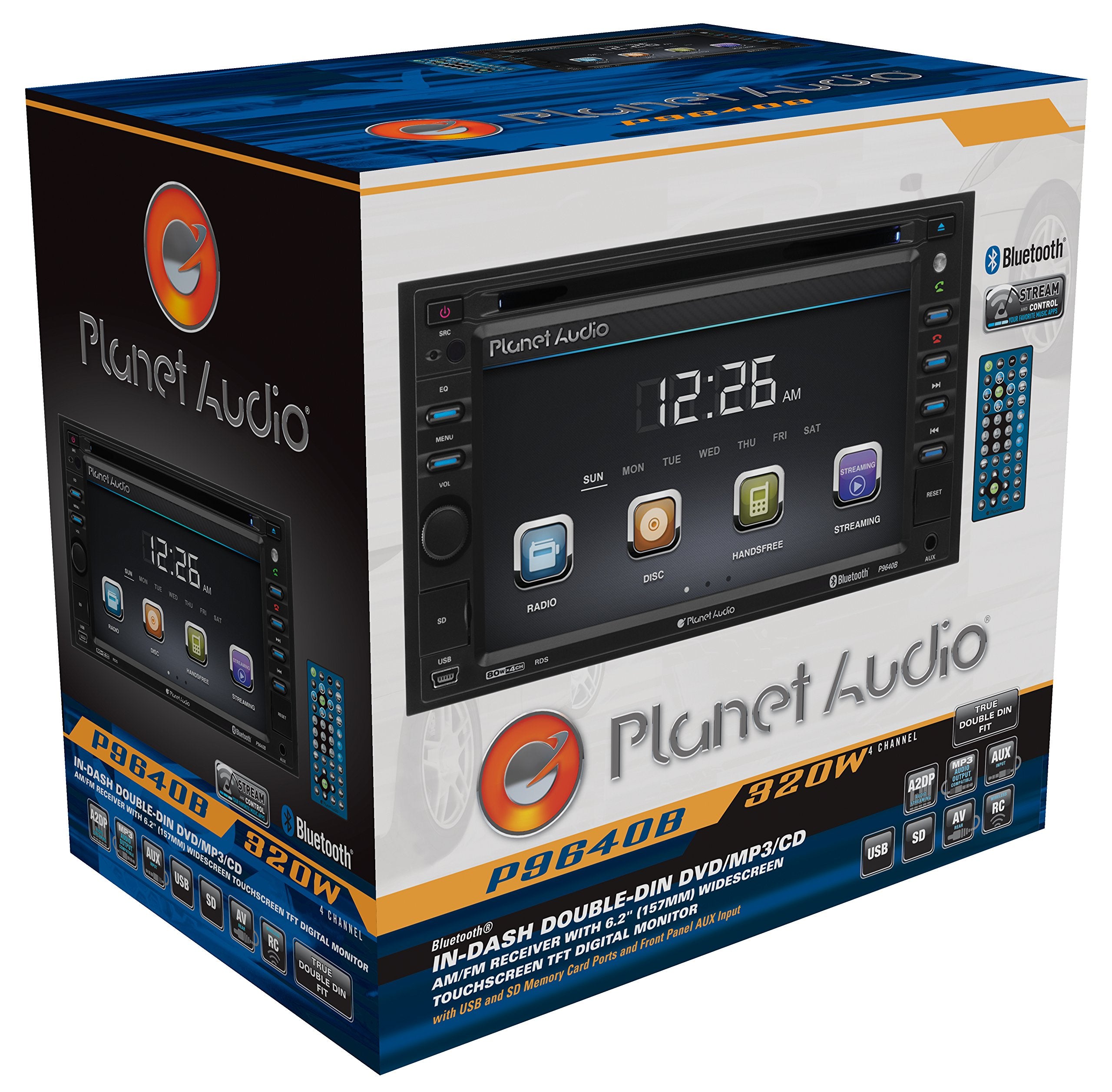 Car Audio Stereo System Planet Audio P9640B - 6.2 Inch Double Din, LCD Touchscreen, Bluetooth Audio and Hands-Free Calling, CD Player, DVD, USB, SD, AUX in, AM/FM Radio Receiver